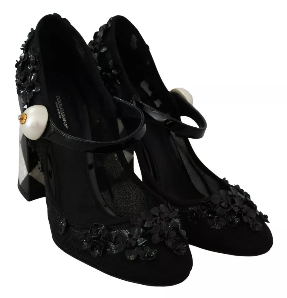 Escarpins Mary Janes à talons noirs ornés de fleurs Dolce & Gabbana