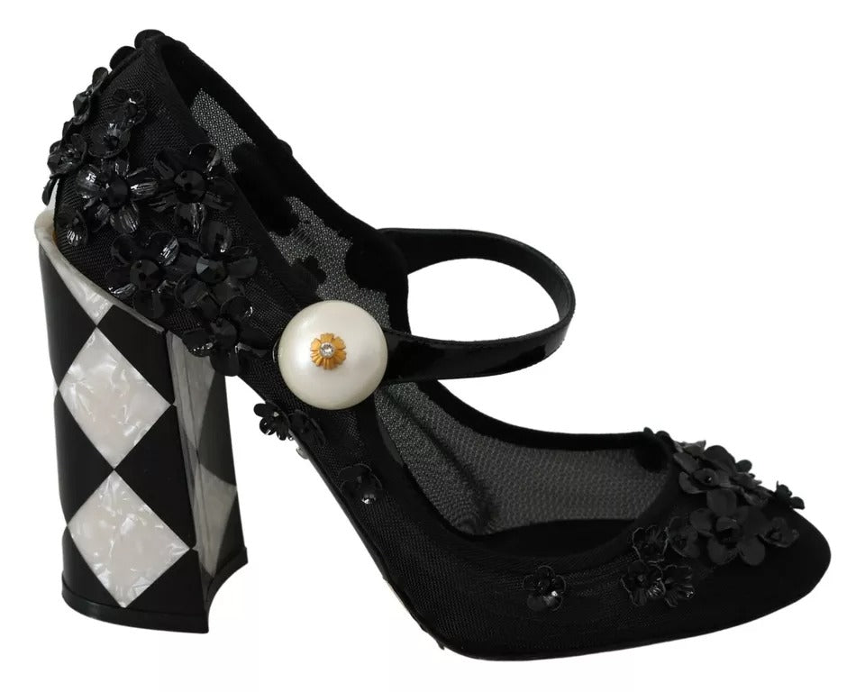 Escarpins Mary Janes à talons noirs ornés de fleurs Dolce & Gabbana