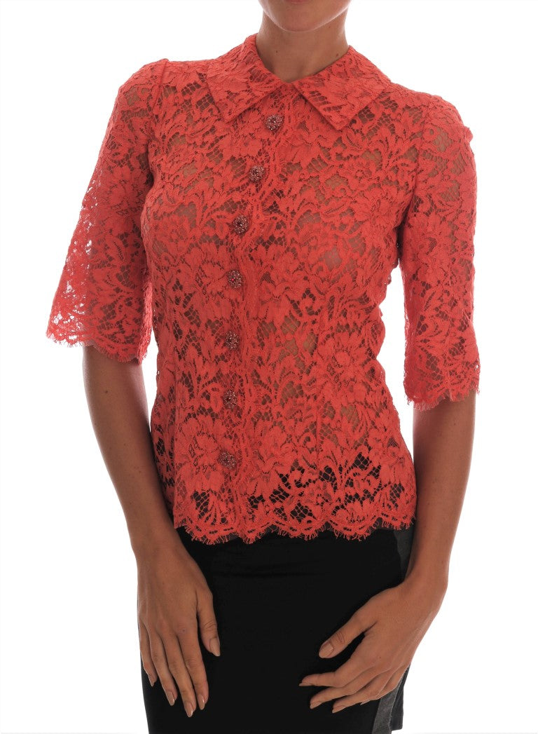 Dolce & Gabbana Élégant chemisier cardigan orange en dentelle florale et cristaux