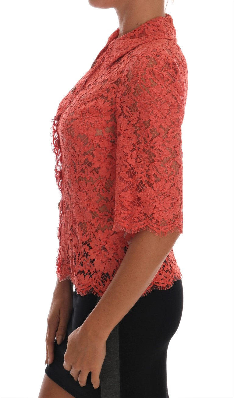 Dolce & Gabbana Élégant chemisier cardigan orange en dentelle florale et cristaux