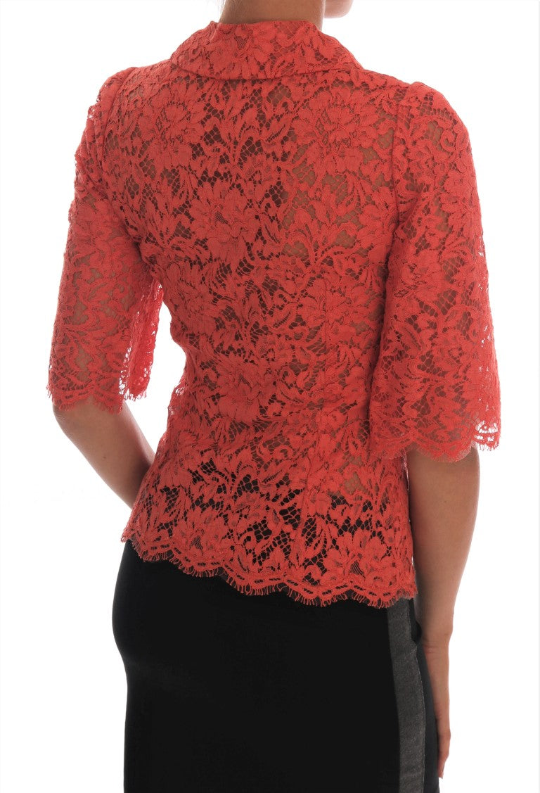 Dolce & Gabbana Élégant chemisier cardigan orange en dentelle florale et cristaux