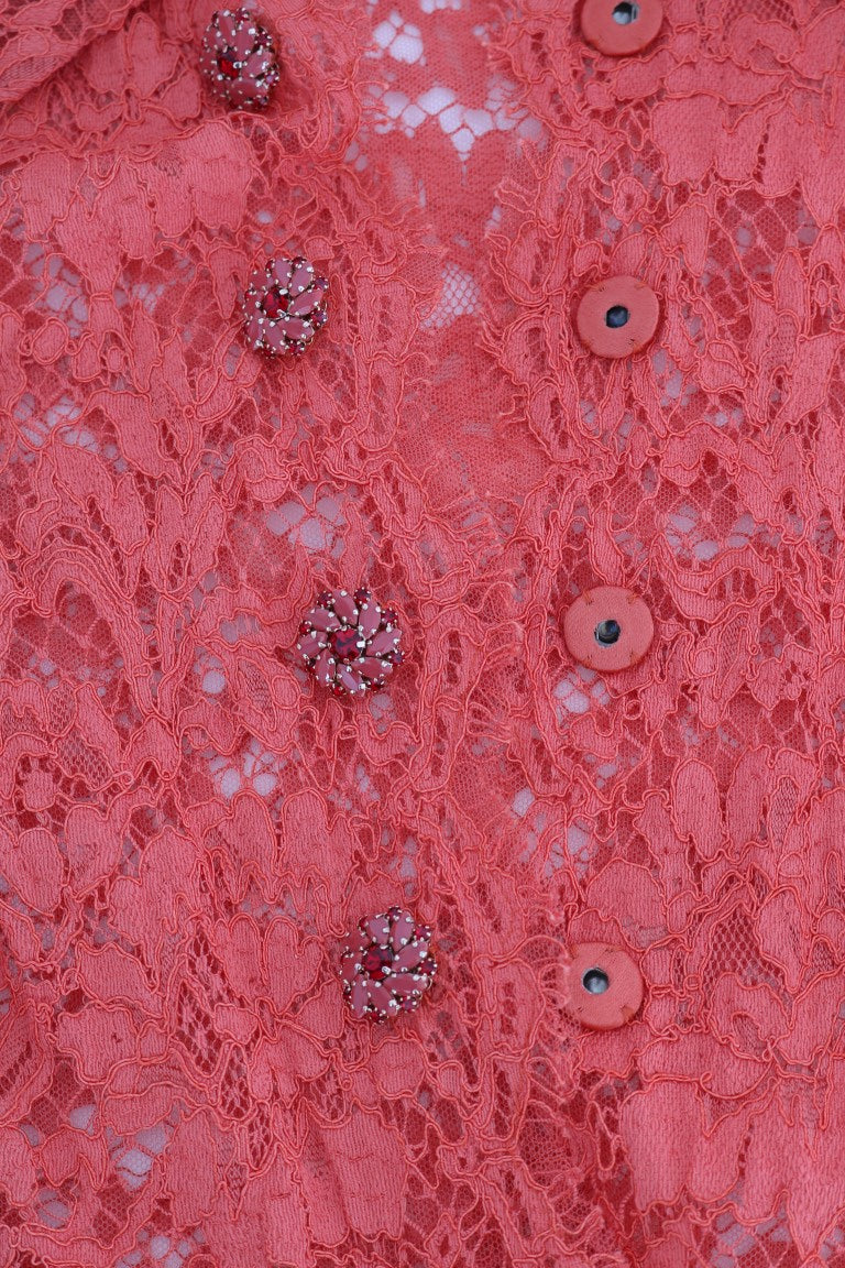 Dolce & Gabbana Élégant chemisier cardigan orange en dentelle florale et cristaux