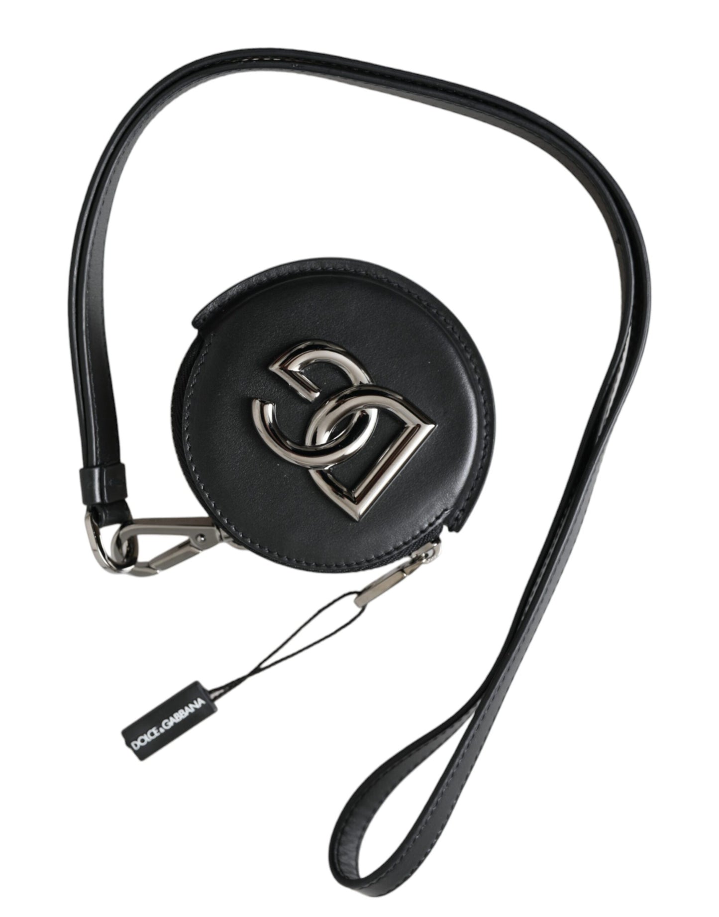 Portefeuille à cordon rond en cuir noir Dolce & Gabbana avec logo DG
