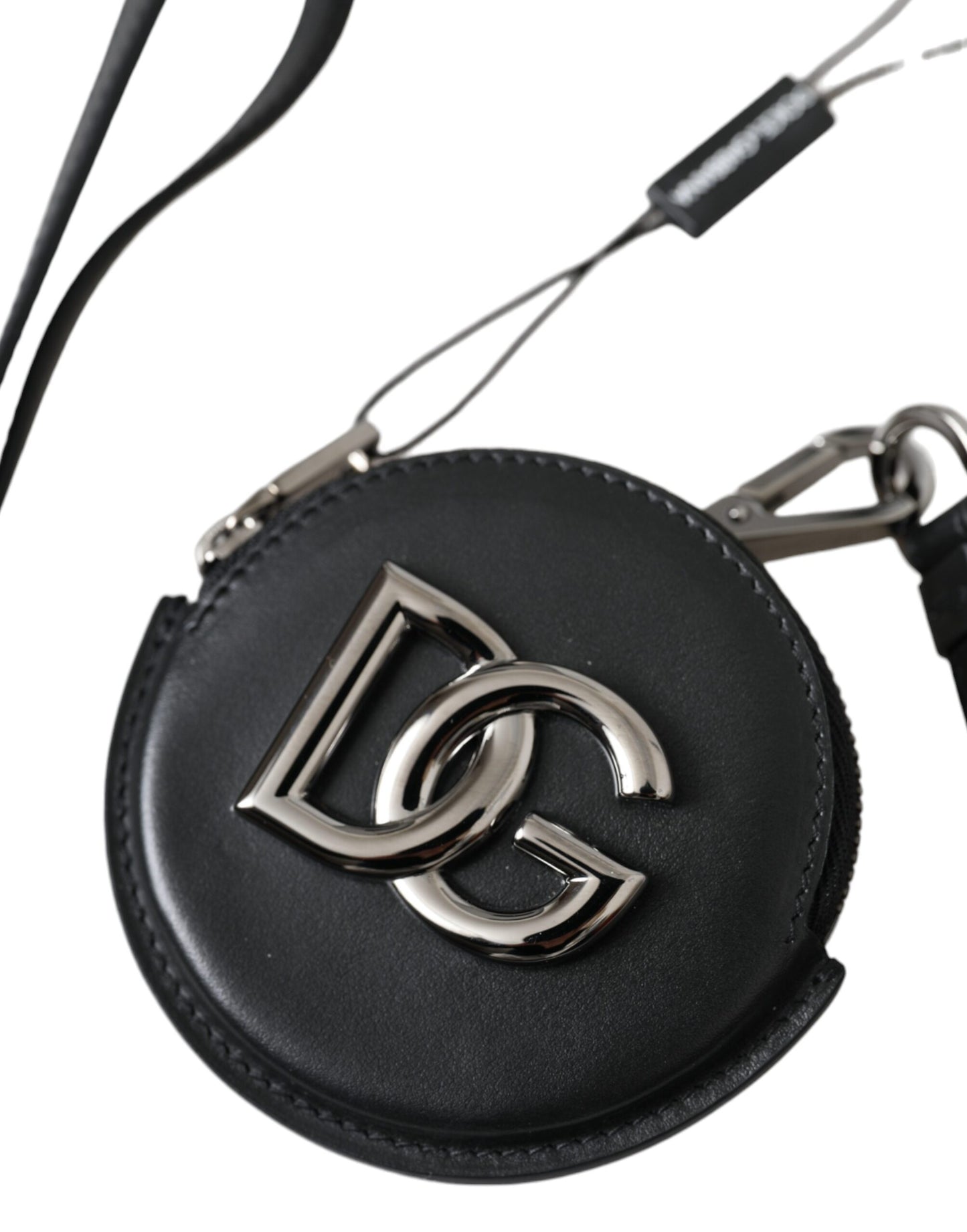 Portefeuille à cordon rond en cuir noir Dolce & Gabbana avec logo DG