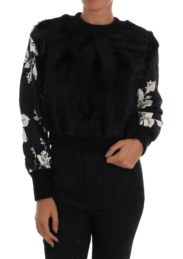 Pull en fourrure noire à brocart floral Dolce & Gabbana