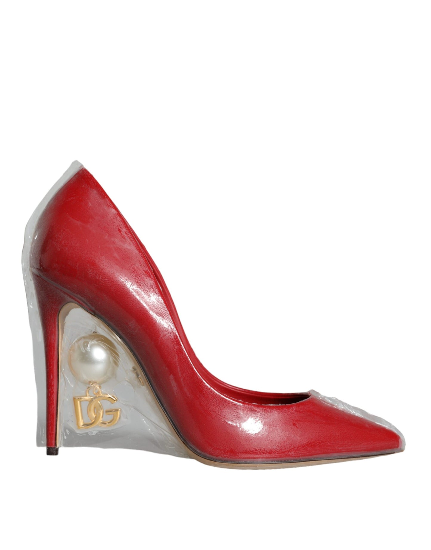 Escarpins à talons en cuir verni rouge et perles synthétiques Dolce & Gabbana