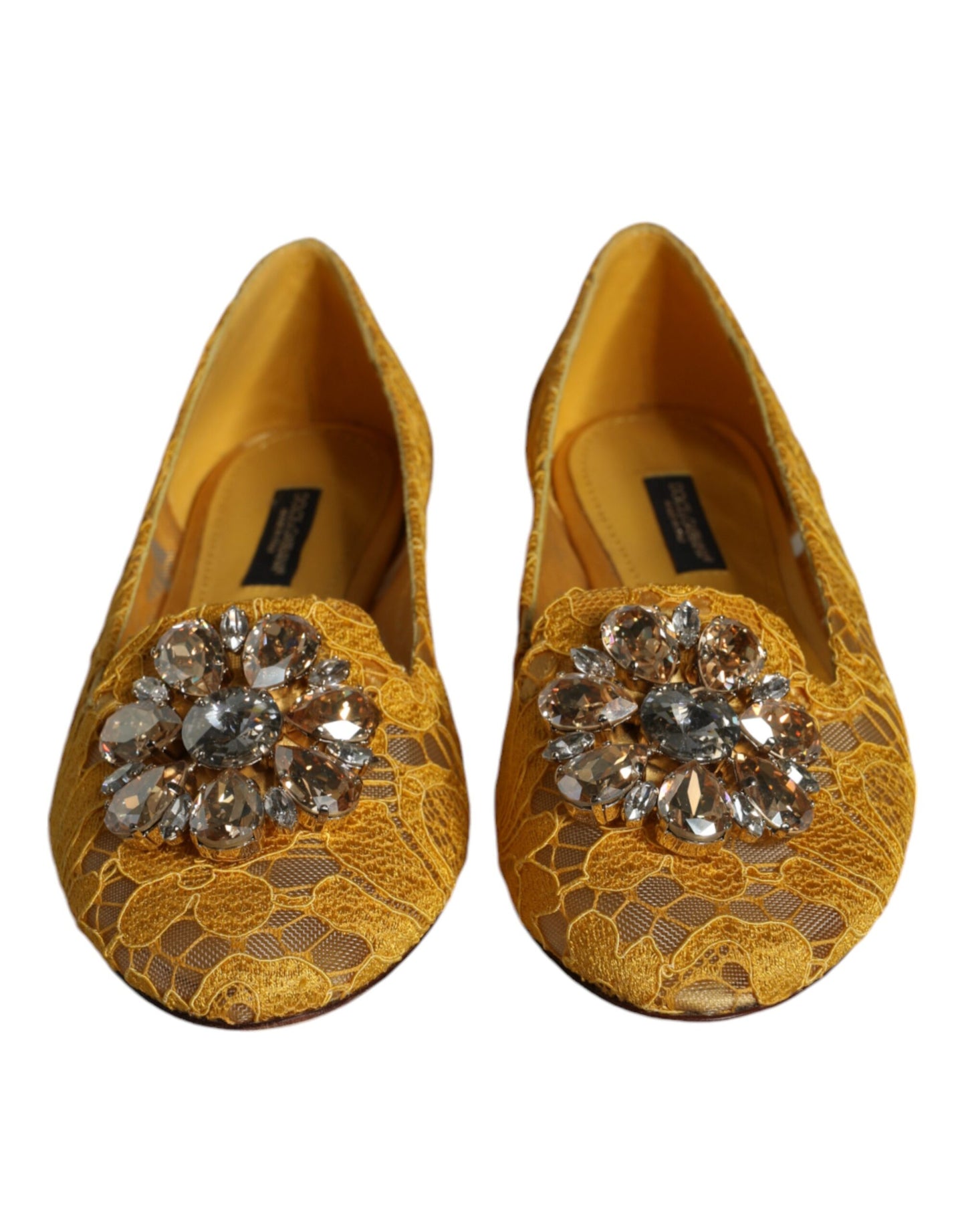 Ballerines mocassins Dolce & Gabbana en dentelle et cristaux moutarde