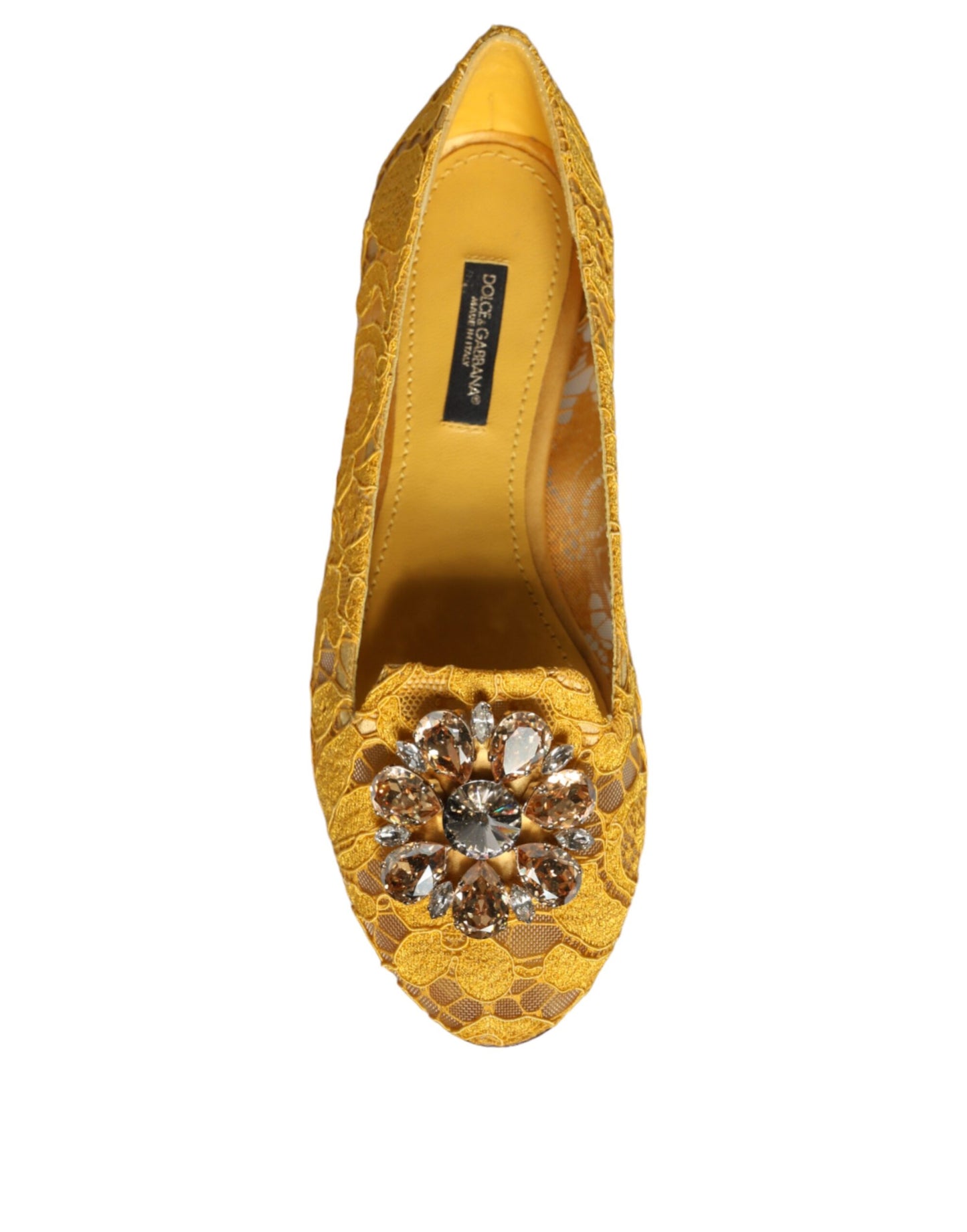 Ballerines mocassins Dolce & Gabbana en dentelle et cristaux moutarde