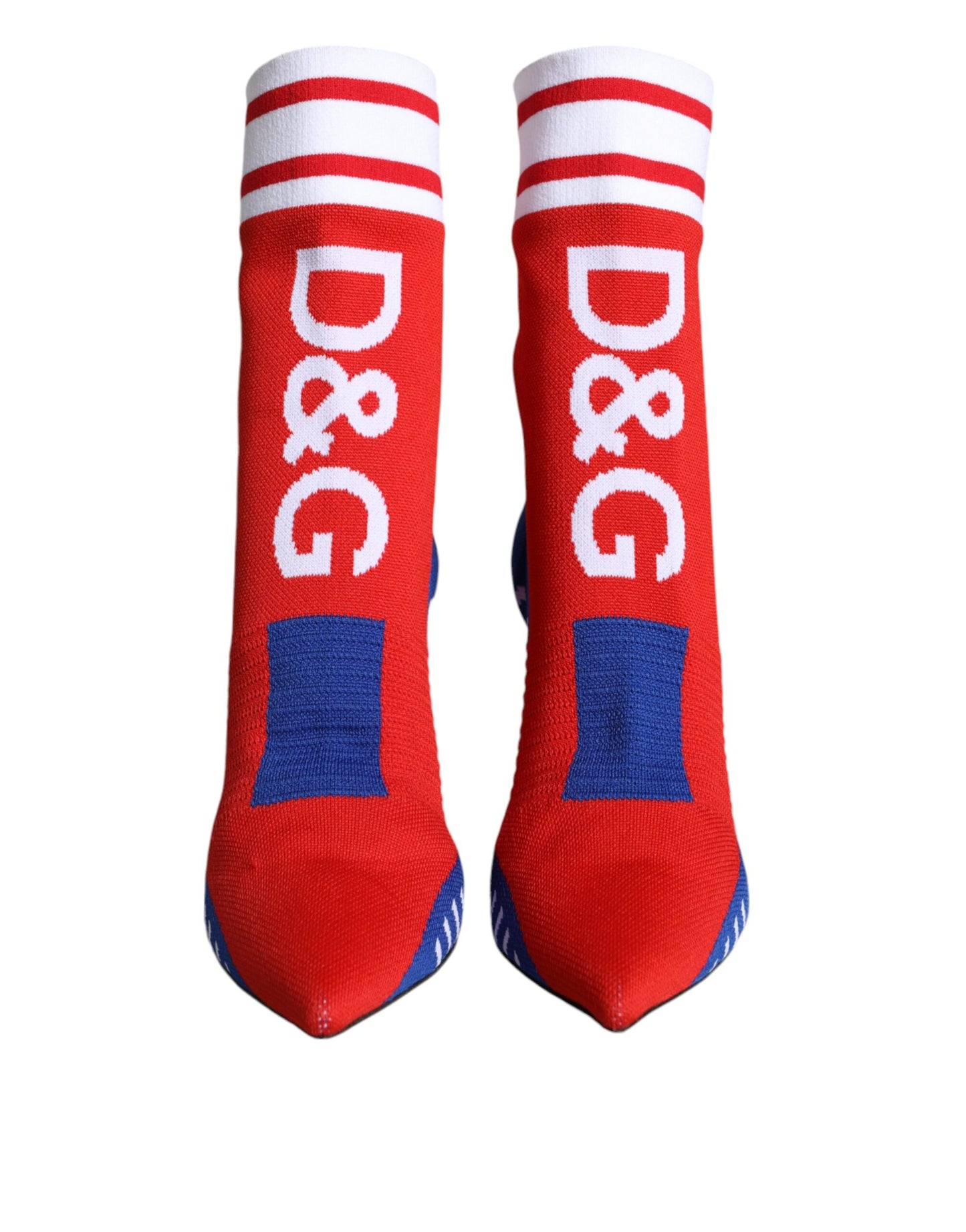 Bottines extensibles style chaussettes Dolce & Gabbana rouges et bleues avec logo