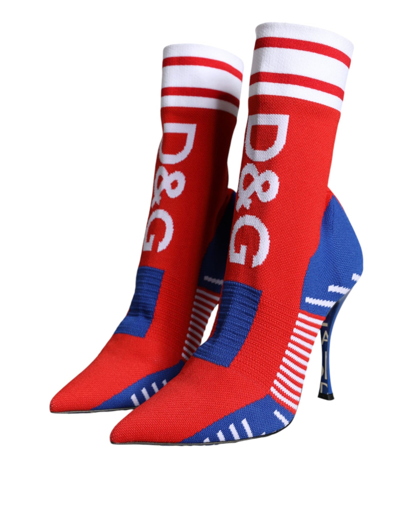 Bottines extensibles style chaussettes Dolce & Gabbana rouges et bleues avec logo