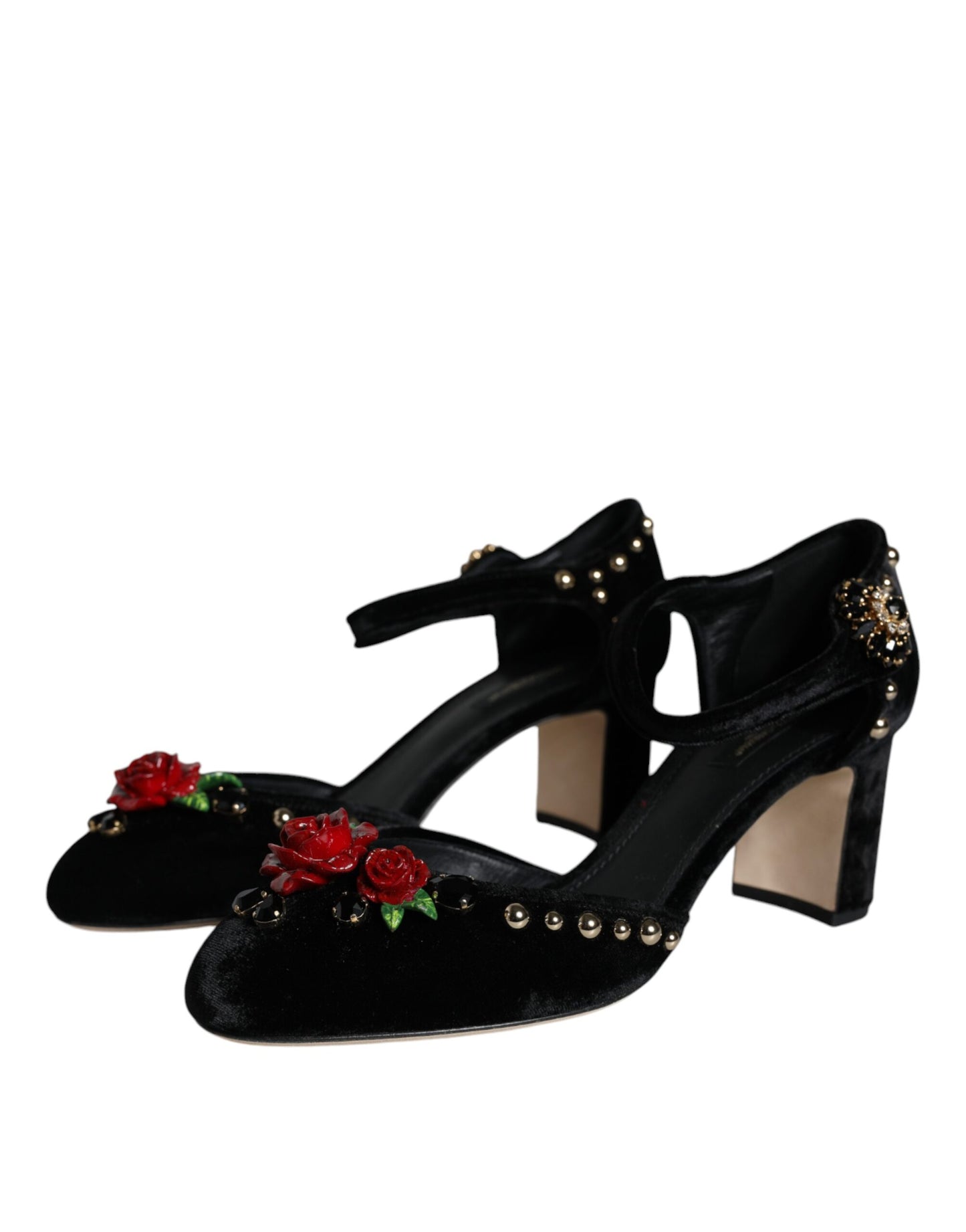 Escarpins Dolce & Gabbana en velours noir avec bride cheville et roses