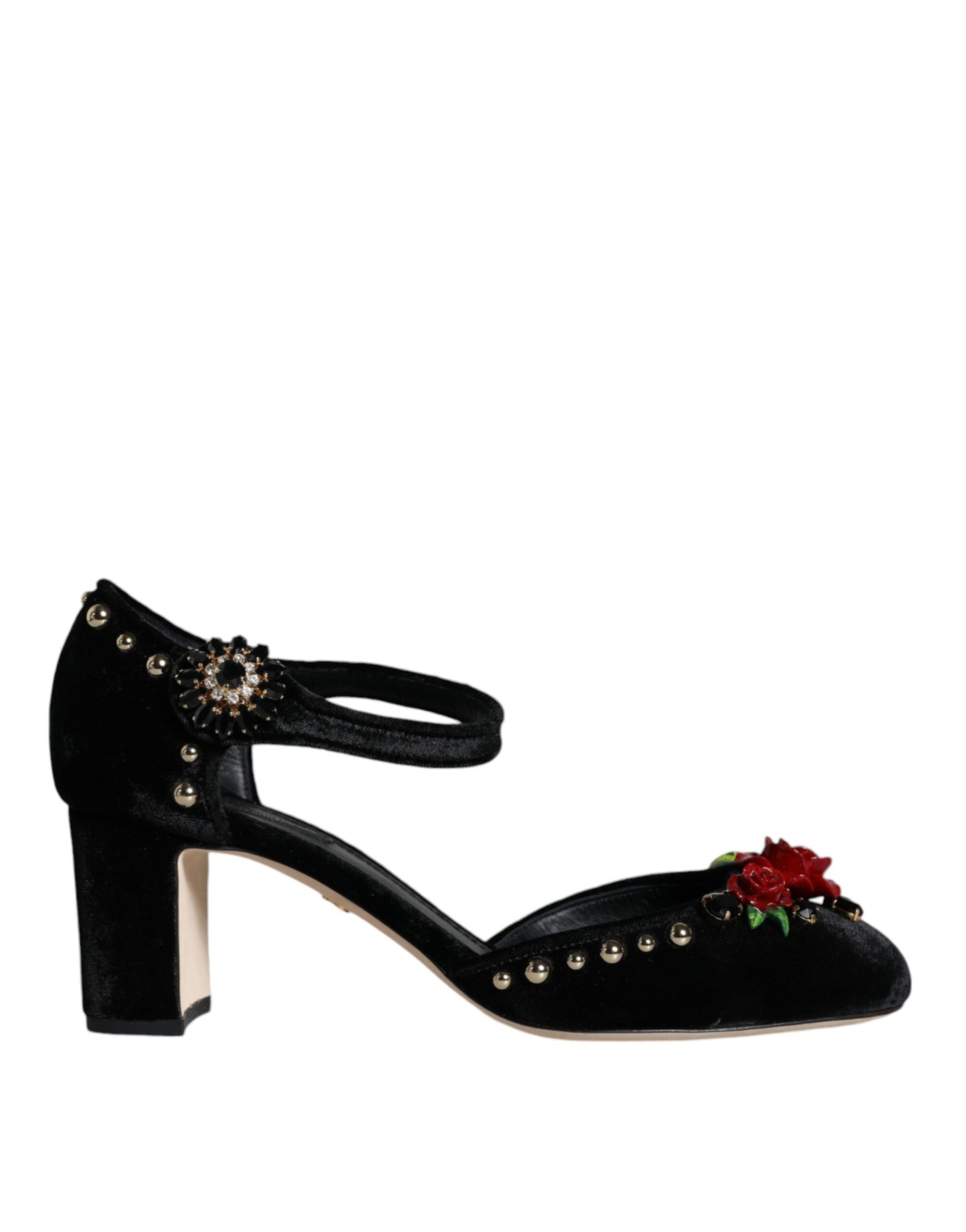 Escarpins Dolce & Gabbana en velours noir avec bride cheville et roses