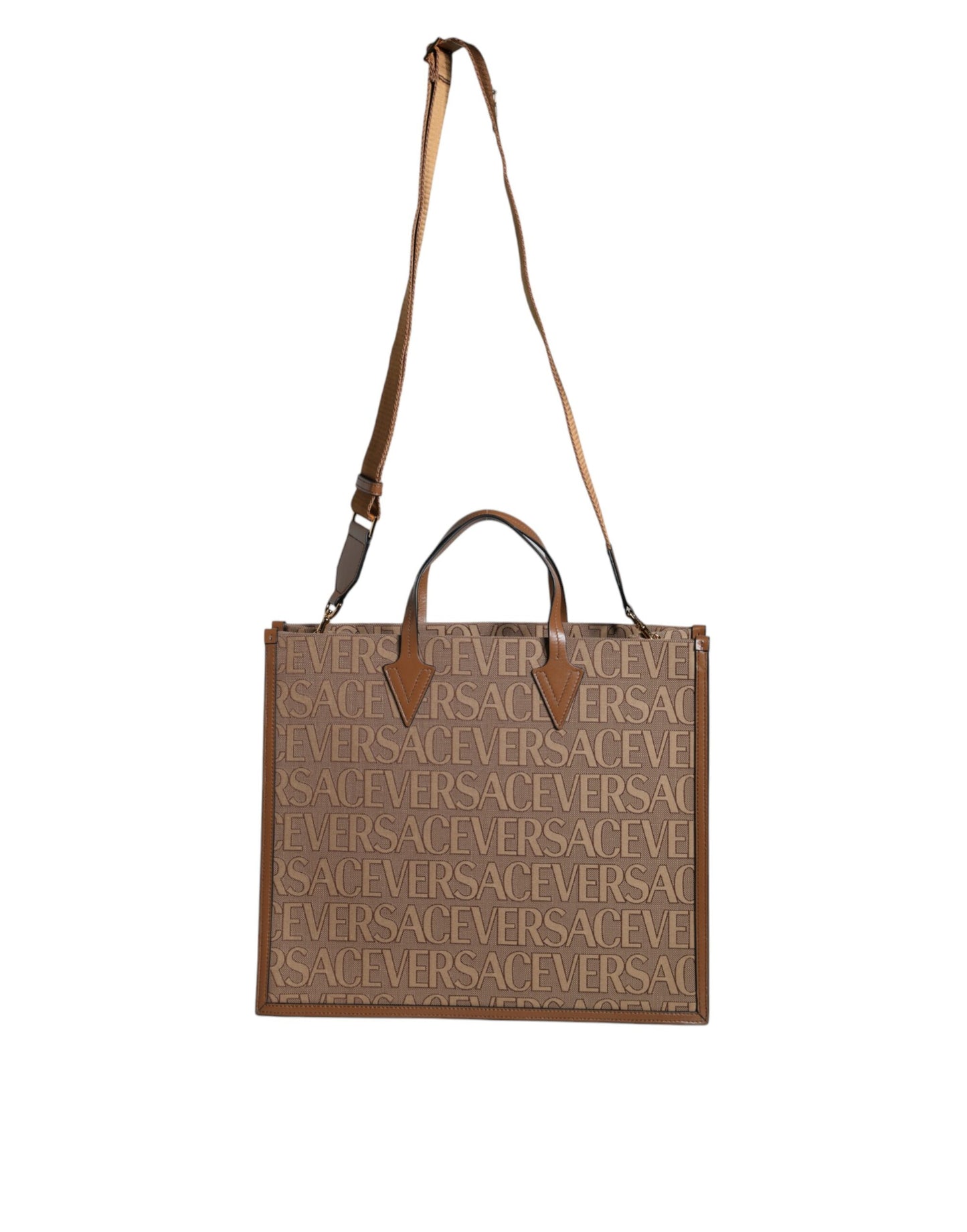 Sac fourre-tout à bandoulière en cuir jacquard marron Versace avec poignée supérieure et logo