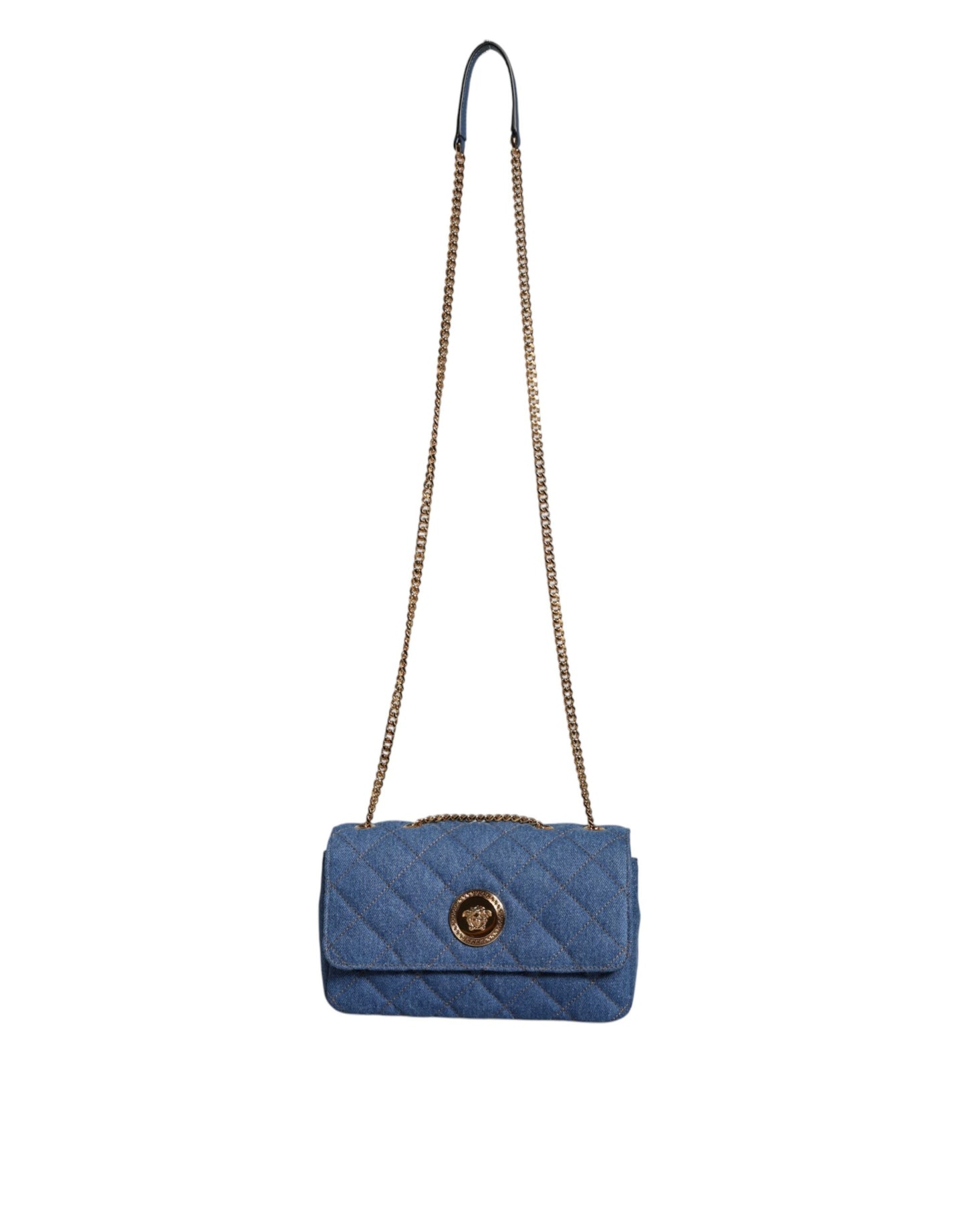 Sac bandoulière en cuir denim matelassé bleu Versace