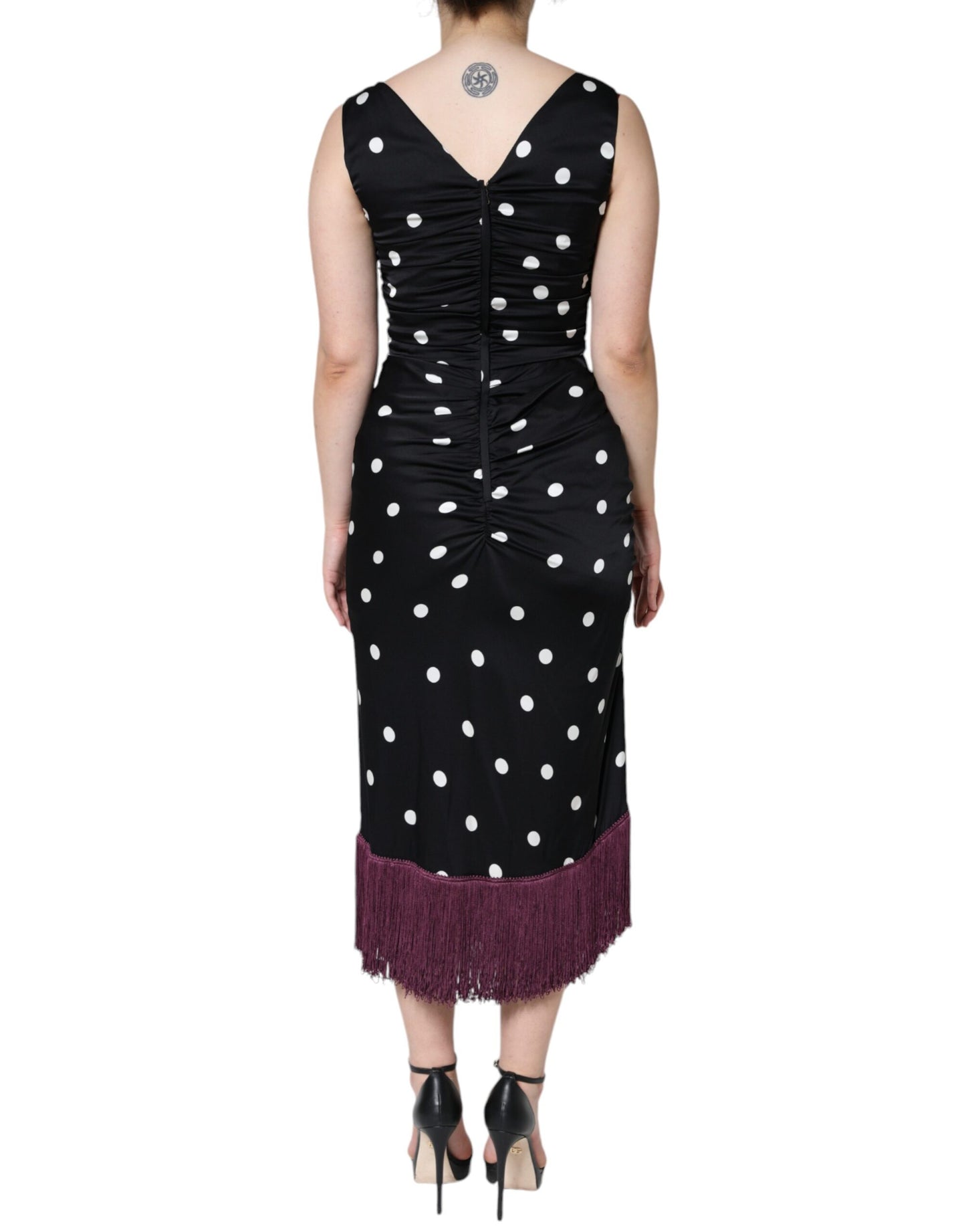 Dolce & Gabbana Black Silk Polka Dot V-neck Tassel Midi Dress by Dolce & Gabbana