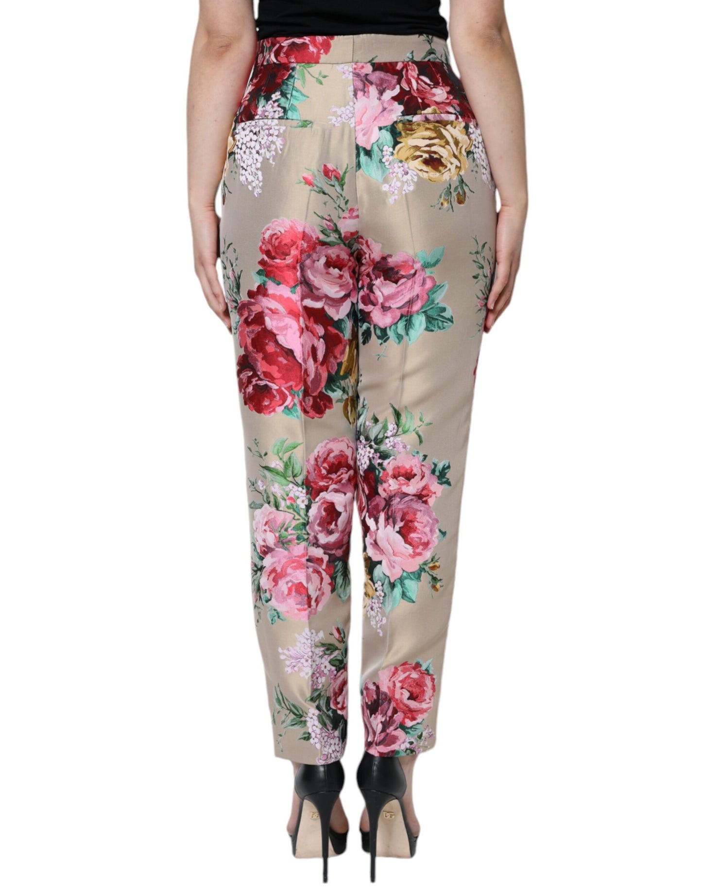 Dolce & Gabbana Beige Floral Jacquard High Waist Tapered Pants by Dolce & Gabbana