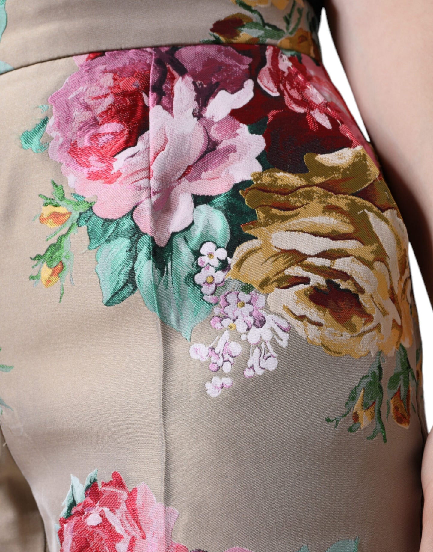 Dolce & Gabbana Beige Floral Jacquard High Waist Tapered Pants by Dolce & Gabbana