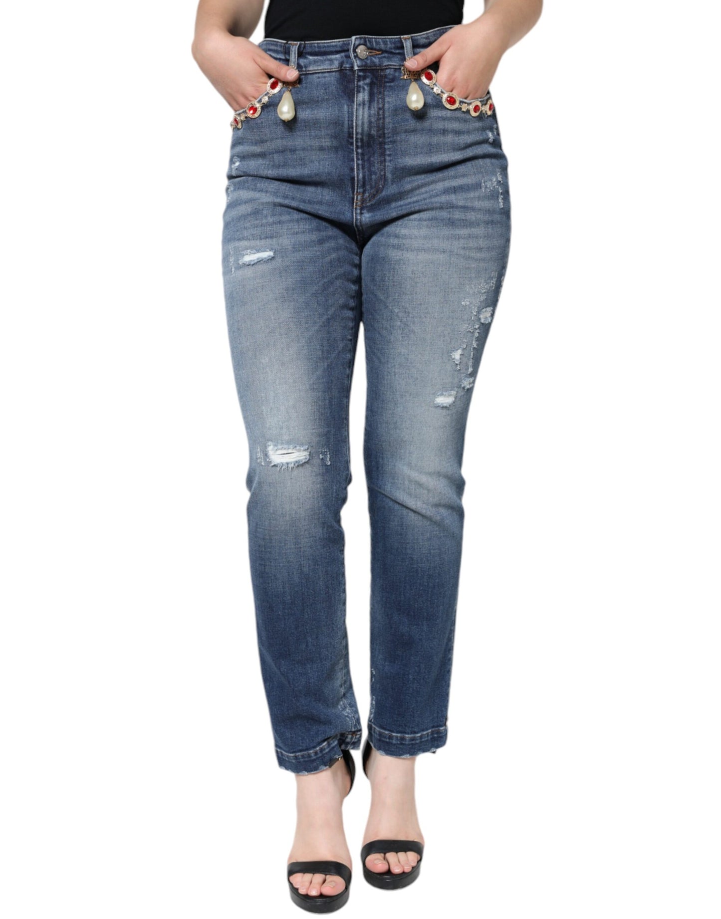 Dolce & Gabbana Dark Blue Cotton Tattered Skinny Denim Jeans by Dolce & Gabbana