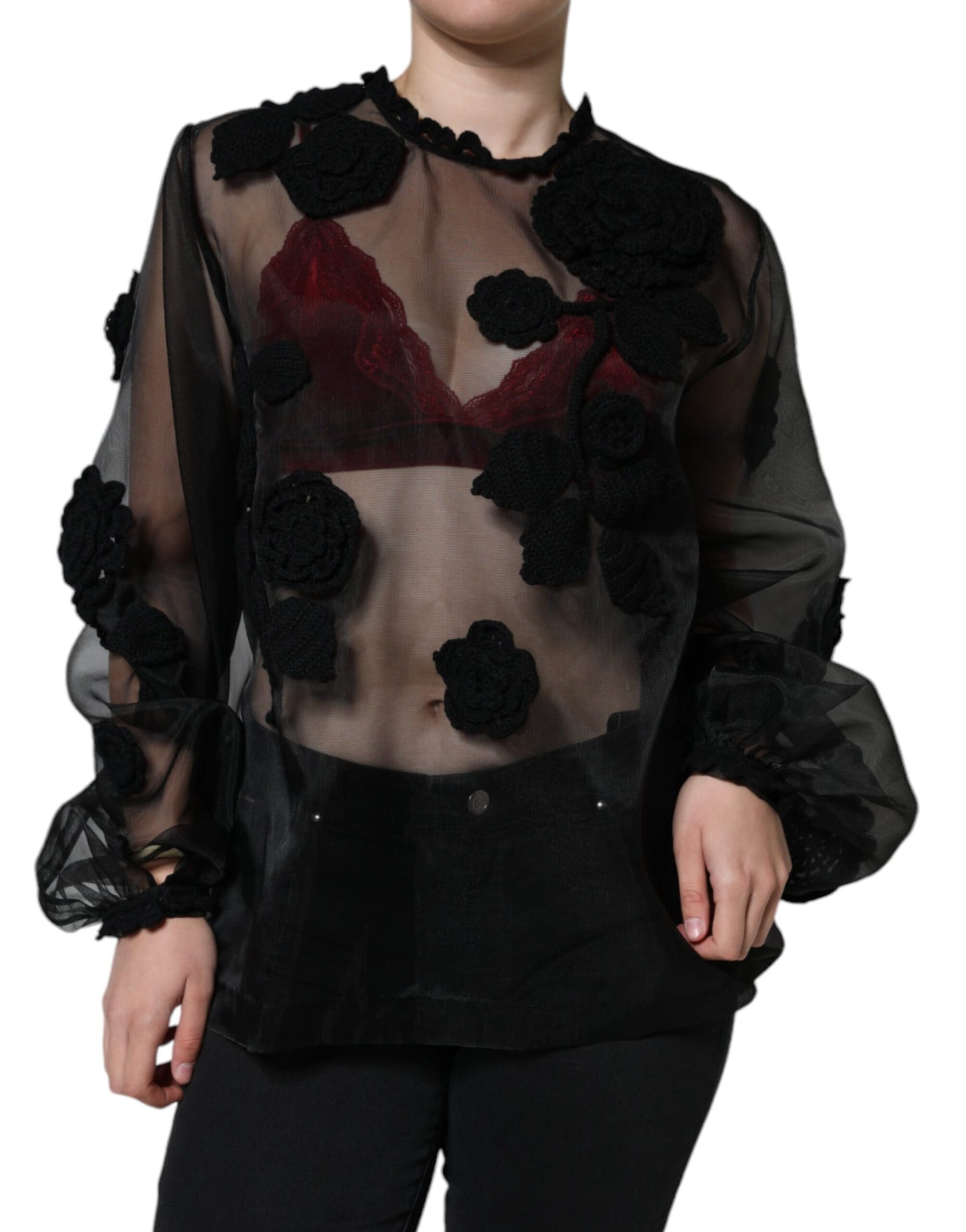 Dolce & Gabbana Black Nylon Mesh Transparent Floral Blouse by Dolce & Gabbana