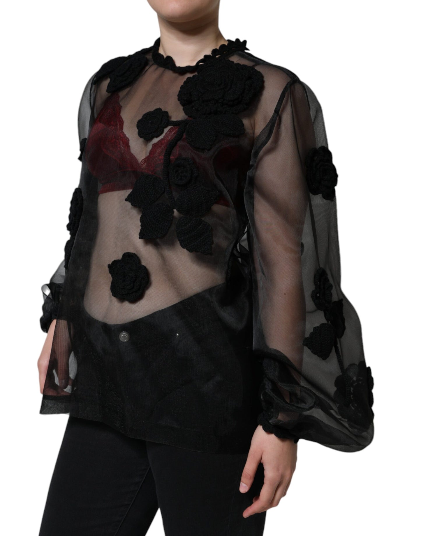 Dolce & Gabbana Black Nylon Mesh Transparent Floral Blouse by Dolce & Gabbana