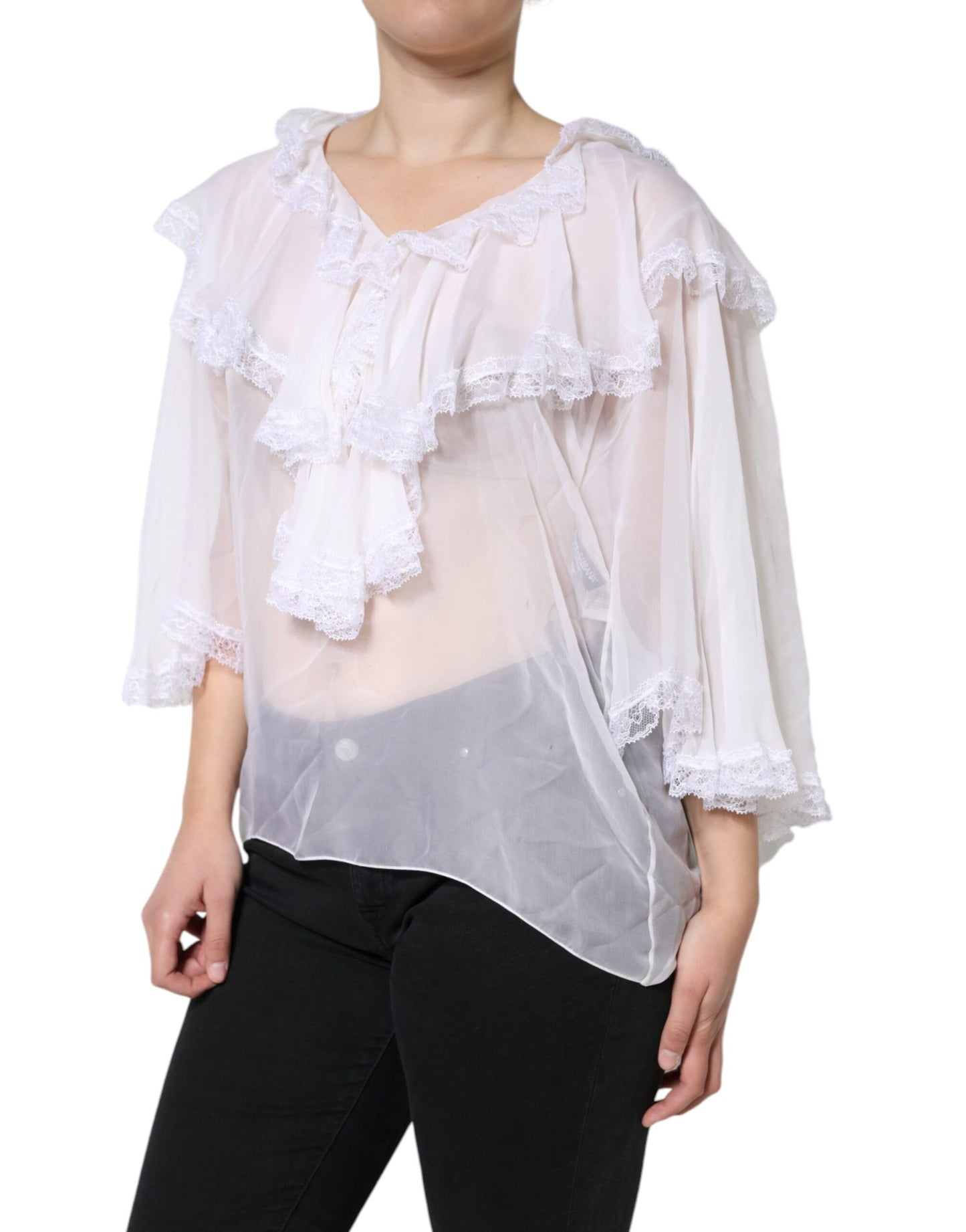 Dolce & Gabbana White Ruffles Lace Long Sleeve Blouse Top by Dolce & Gabbana