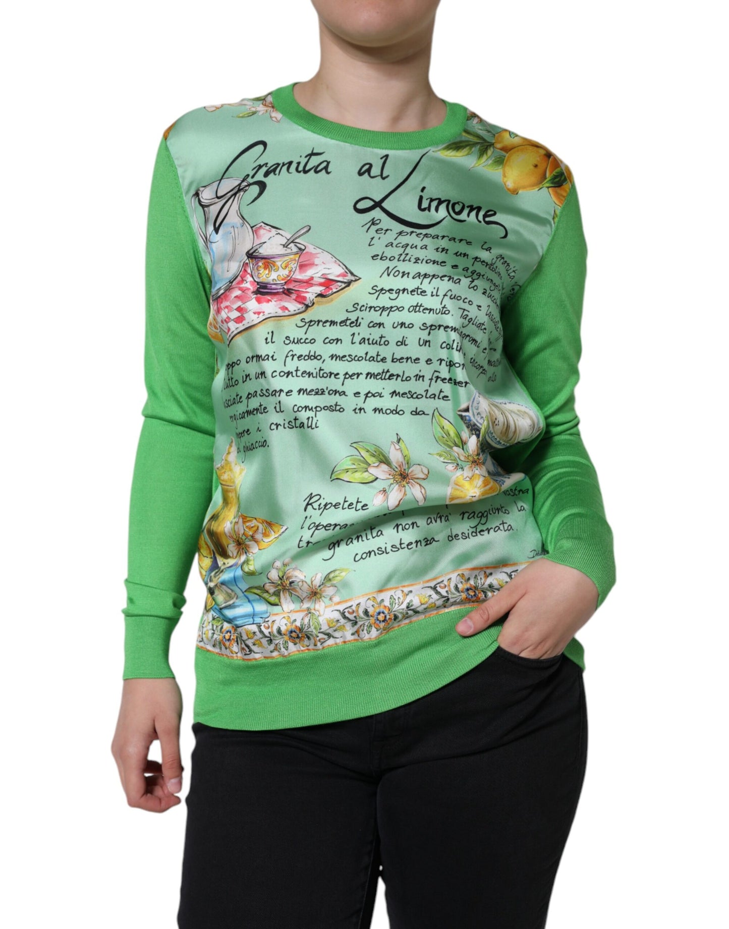 Dolce & Gabbana Green Silk Granita Al Limone Long Sleeves Sweater by Dolce & Gabbana