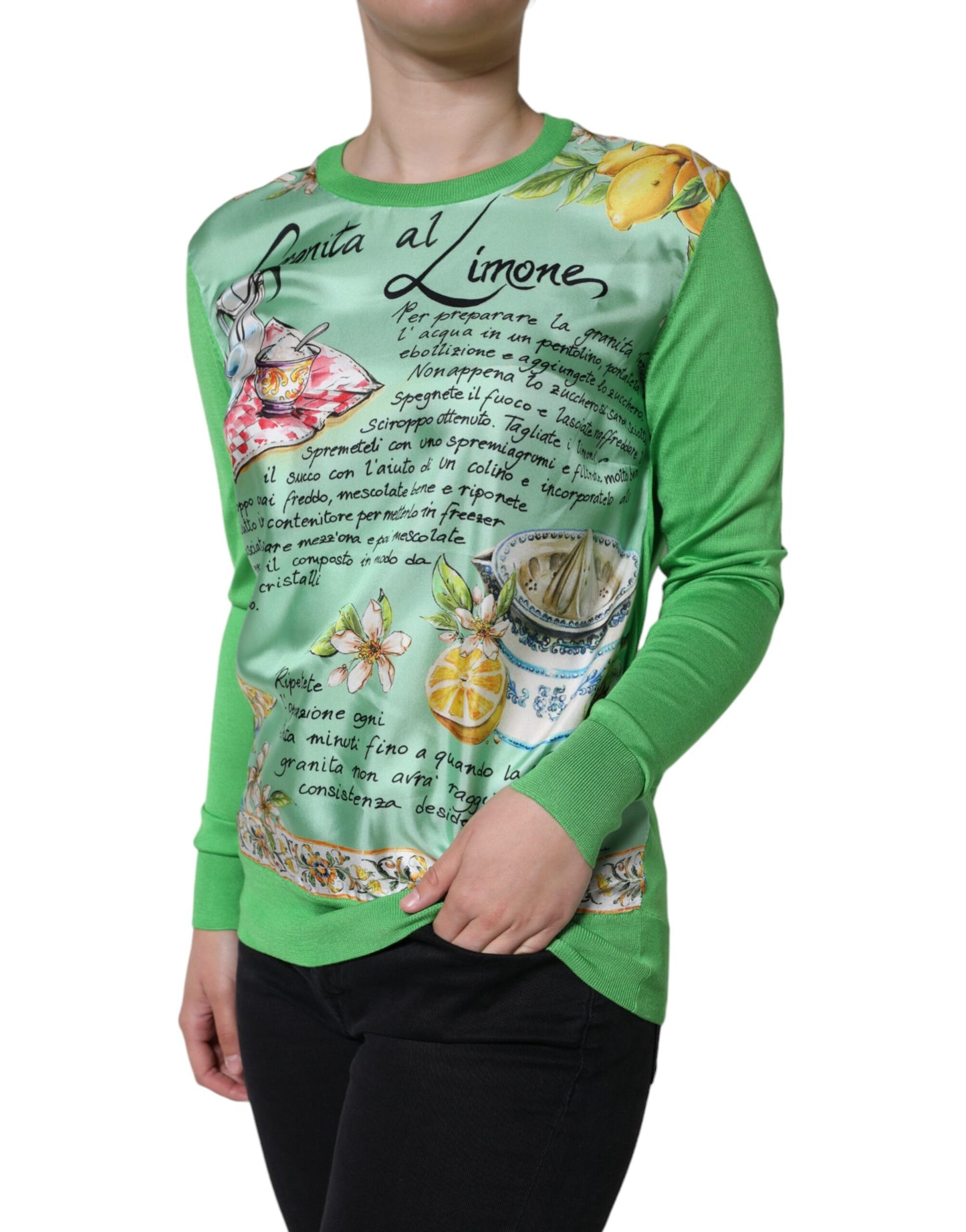 Dolce & Gabbana Green Silk Granita Al Limone Long Sleeves Sweater by Dolce & Gabbana