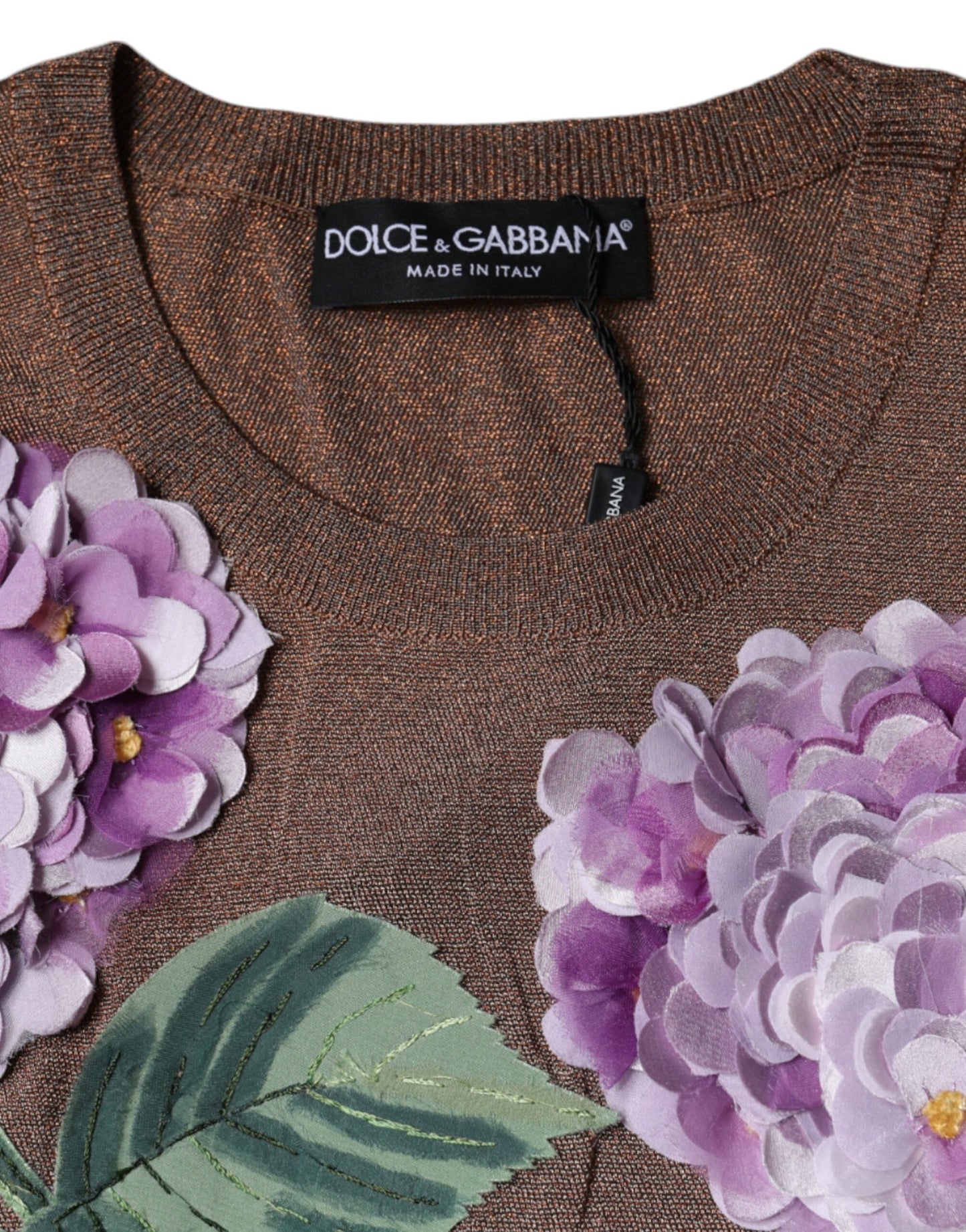 Dolce & Gabbana Brown Floral Applique Viscose Short Sleeve Top by Dolce & Gabbana