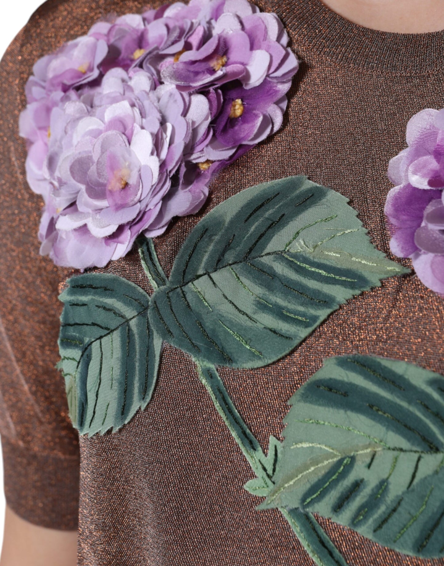Dolce & Gabbana Brown Floral Applique Viscose Short Sleeve Top by Dolce & Gabbana