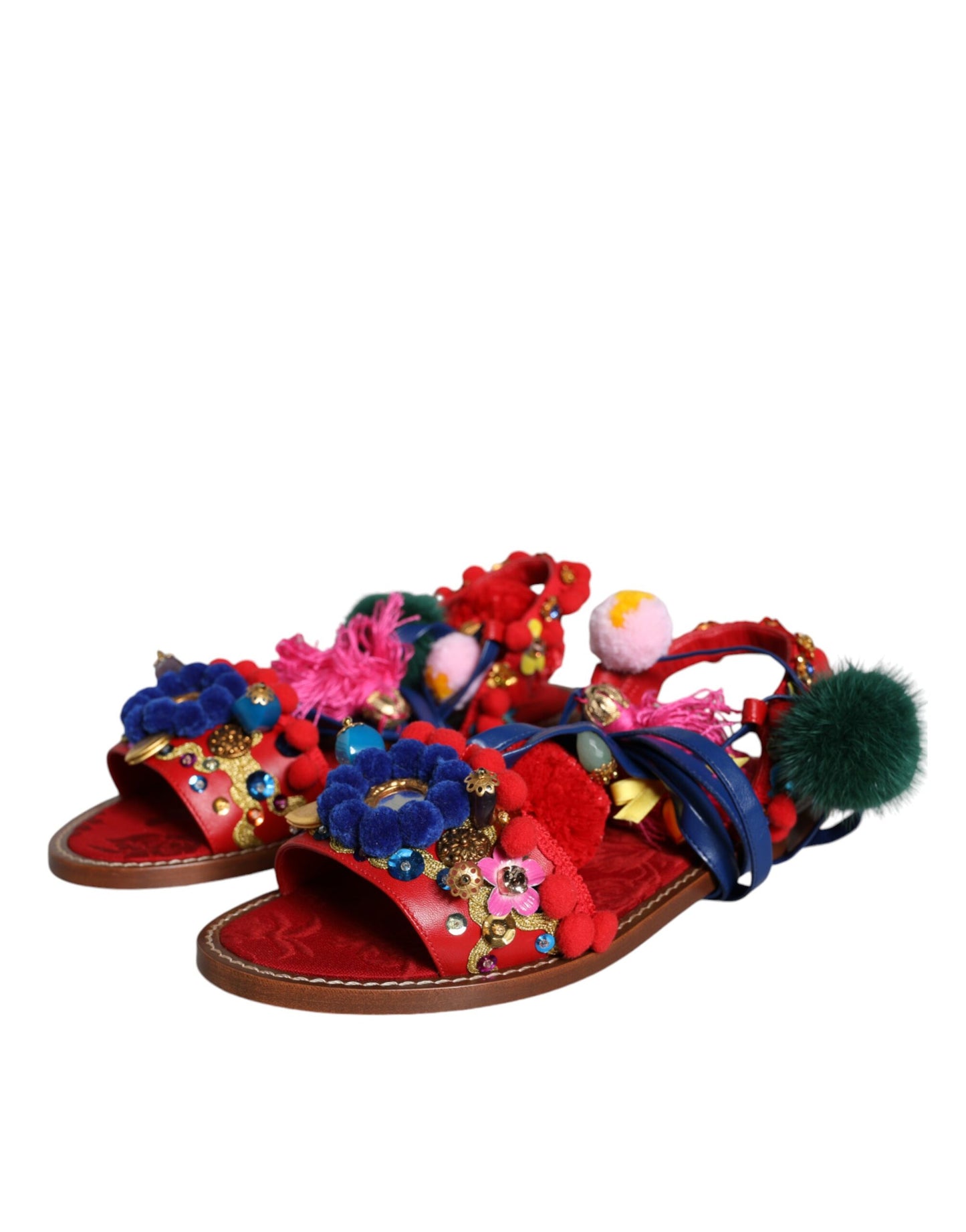 Dolce & Gabbana Multicolor Pom Pom Fur Wrap Sandals Shoes by Dolce & Gabbana
