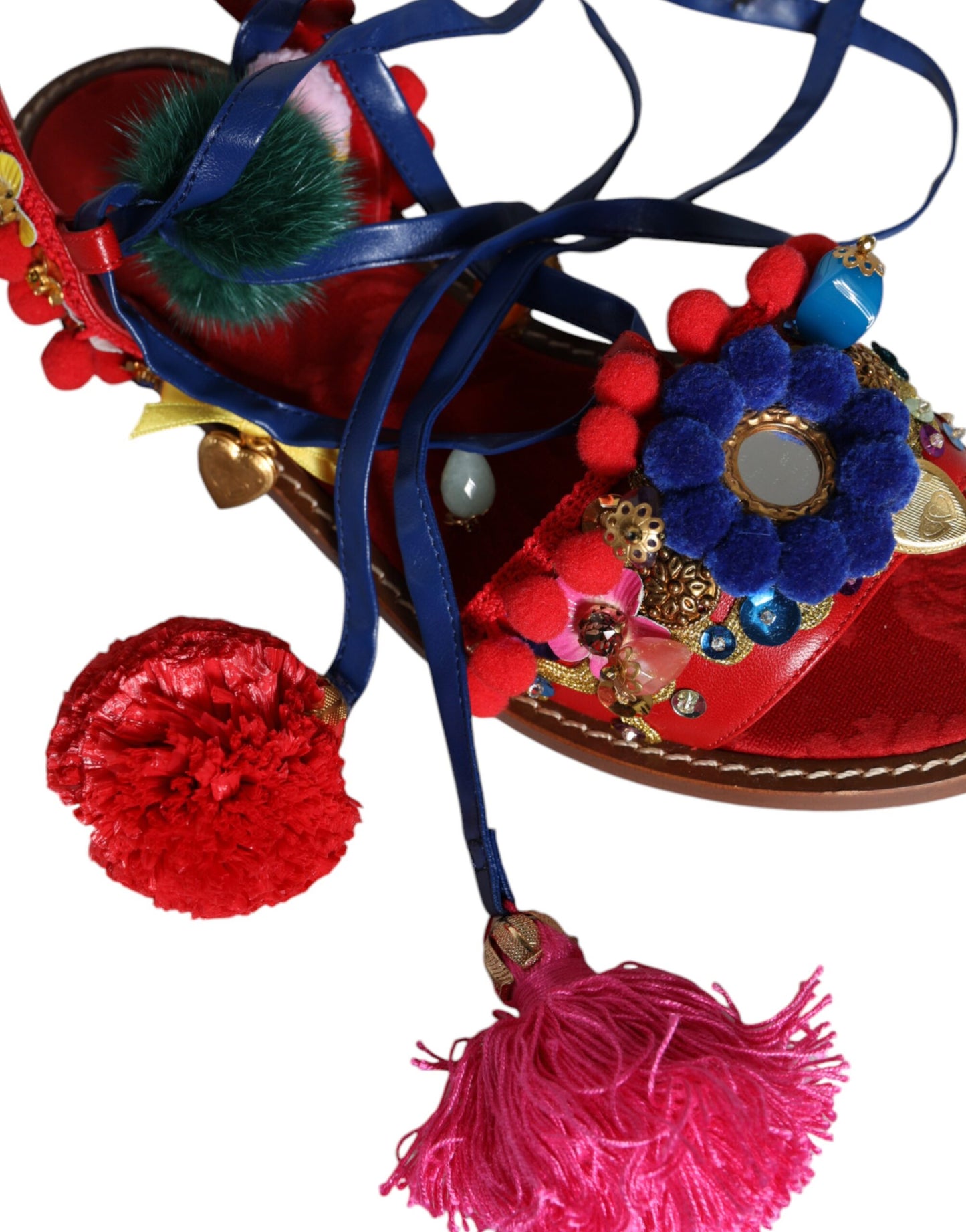 Dolce & Gabbana Multicolor Pom Pom Fur Wrap Sandals Shoes by Dolce & Gabbana