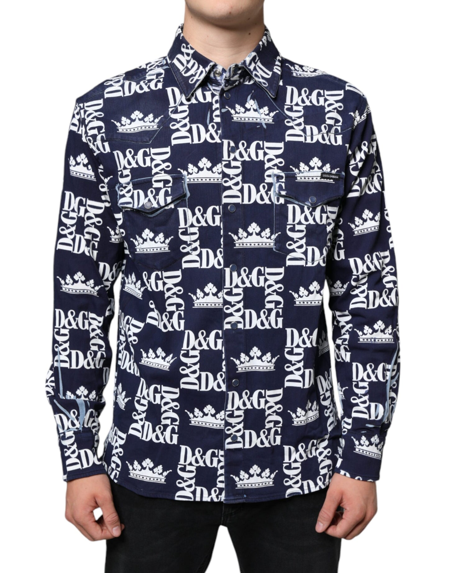 Dolce & Gabbana Blue Crown Logo Print Slim Fit Cotton Shirt by Dolce & Gabbana