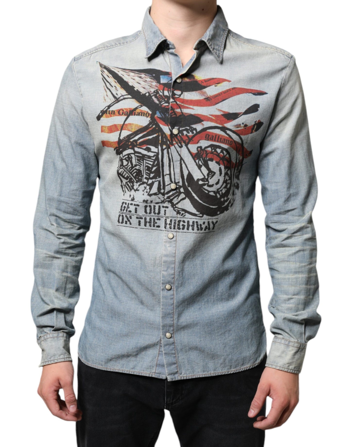 John Galliano Light Blue Printed Cotton Denim Long Sleeves Shirt by John Galliano