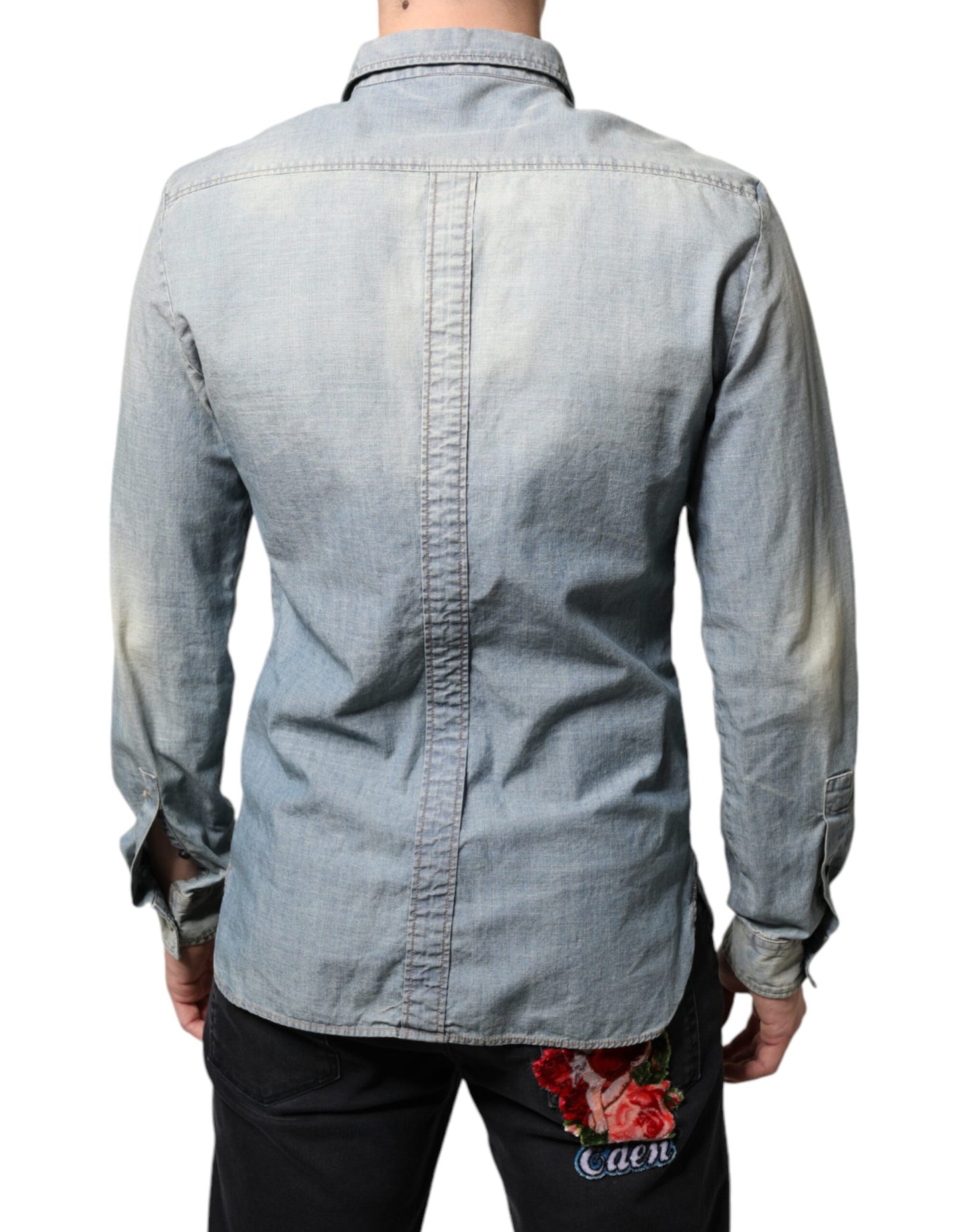 John Galliano Light Blue Printed Cotton Denim Long Sleeves Shirt by John Galliano