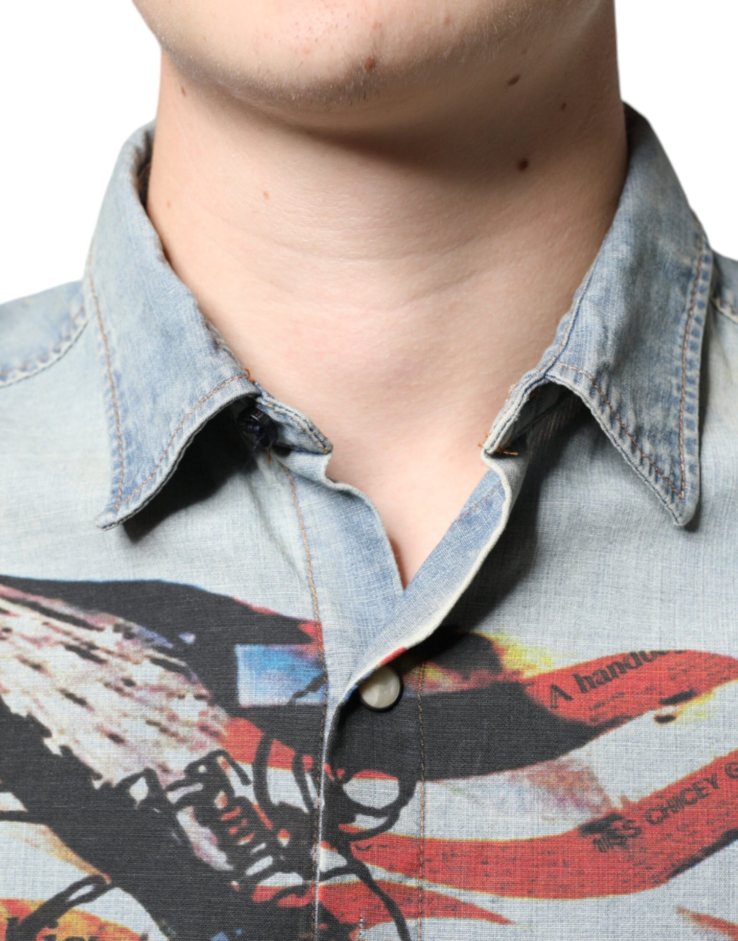 John Galliano Light Blue Printed Cotton Denim Long Sleeves Shirt by John Galliano