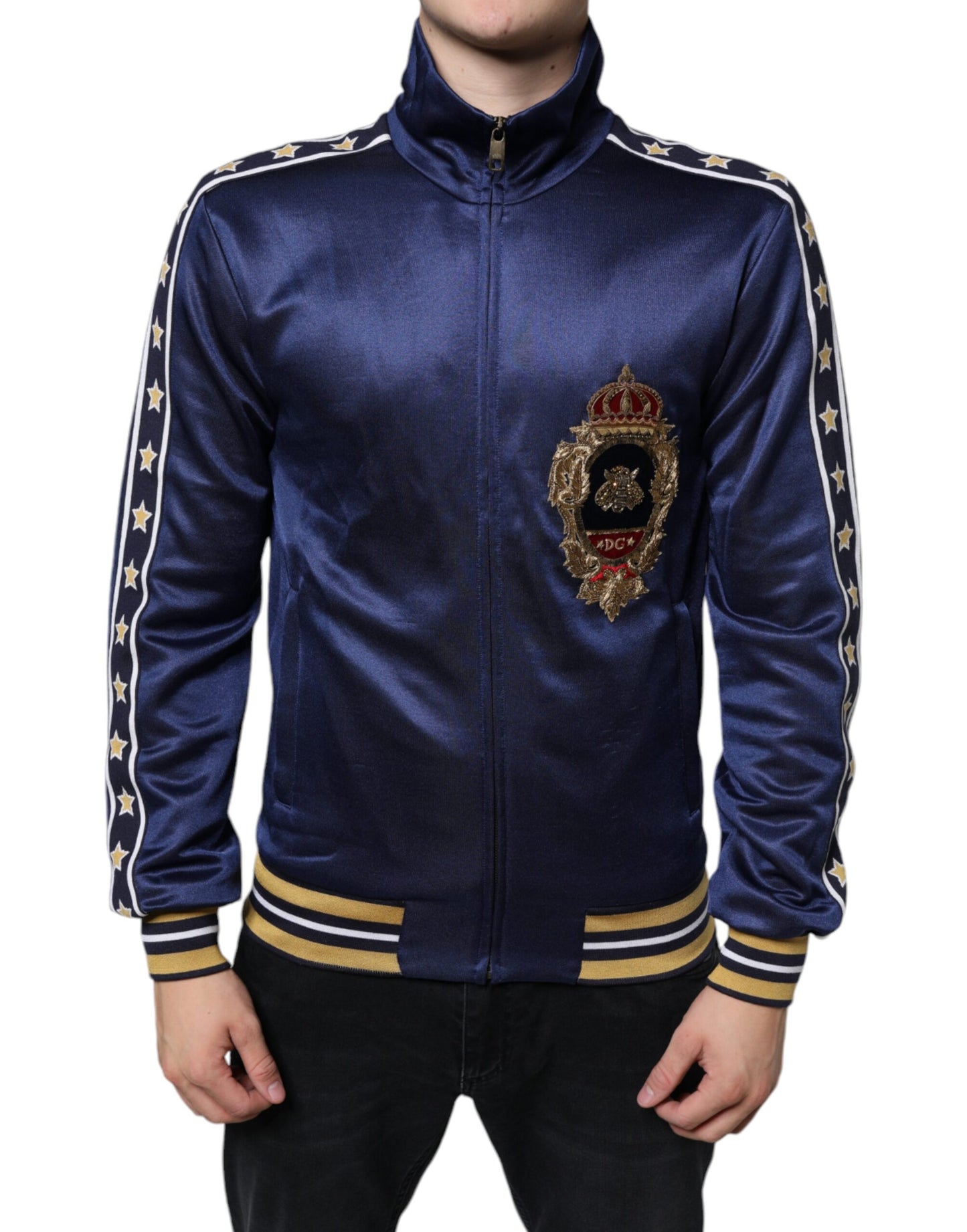 Dolce & Gabbana Blue Heraldic Patch Stripe King Bee Sweater by Dolce & Gabbana
