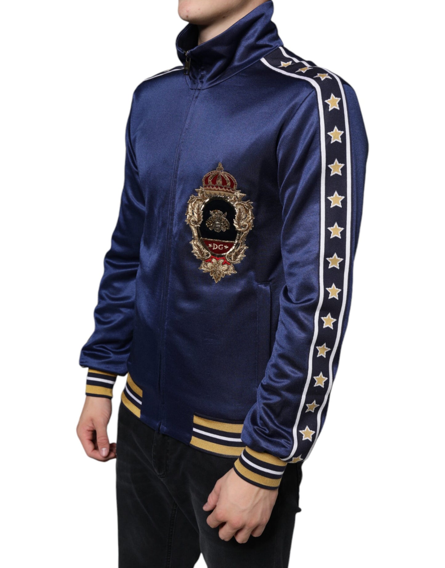 Dolce & Gabbana Blue Heraldic Patch Stripe King Bee Sweater by Dolce & Gabbana