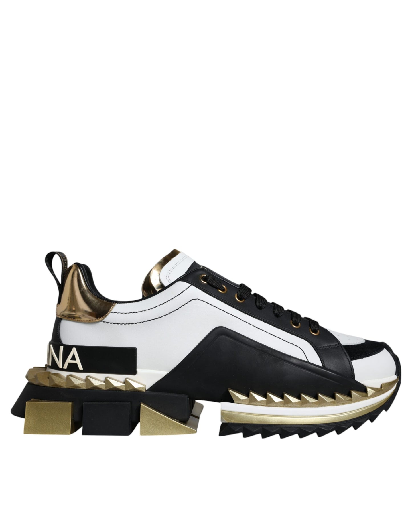 Dolce & Gabbana White Gold Black Leather SUPER KING Sneakers Shoes by Dolce & Gabbana