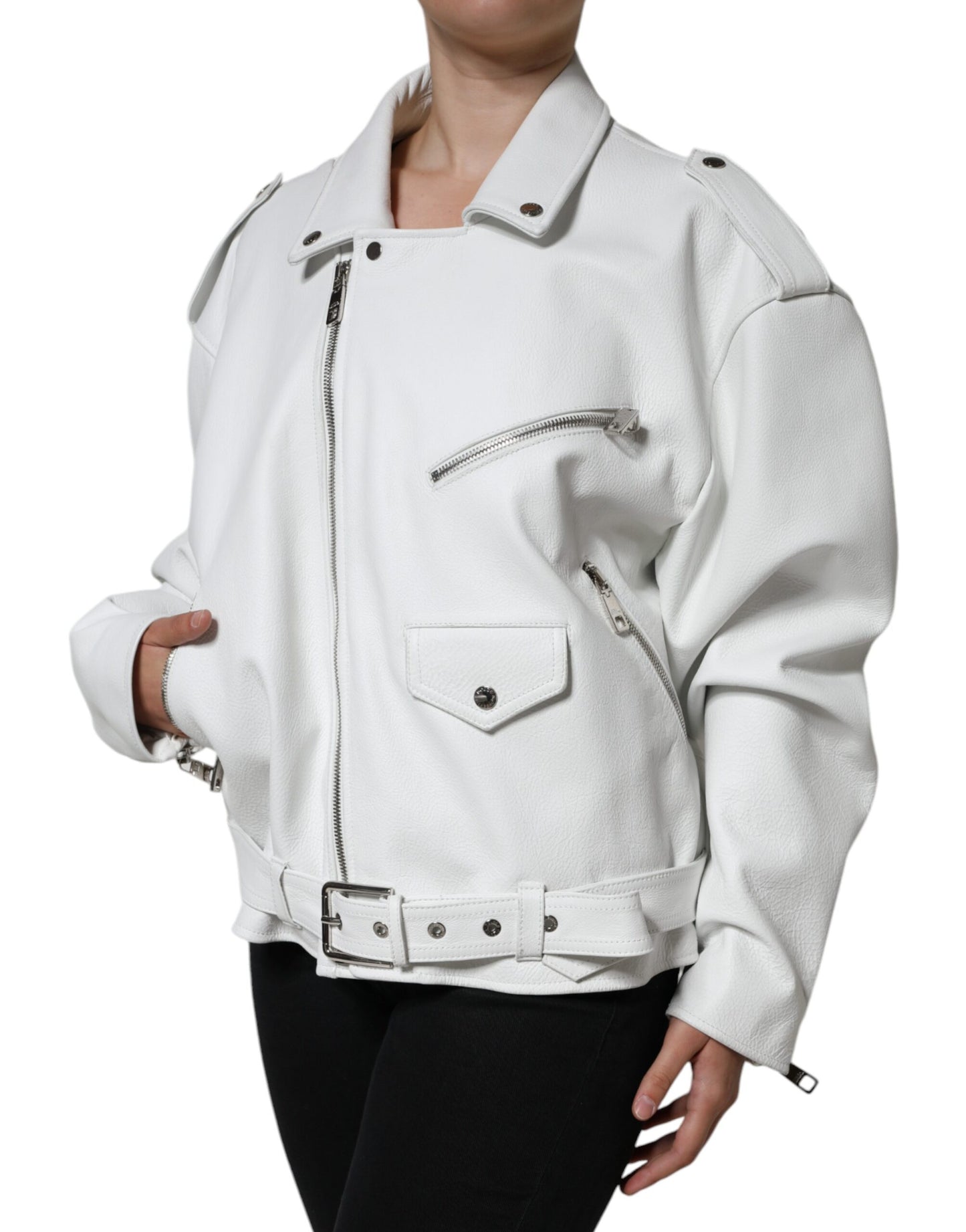 Dolce & Gabbana - Veste de motard en cuir d'agneau blanc