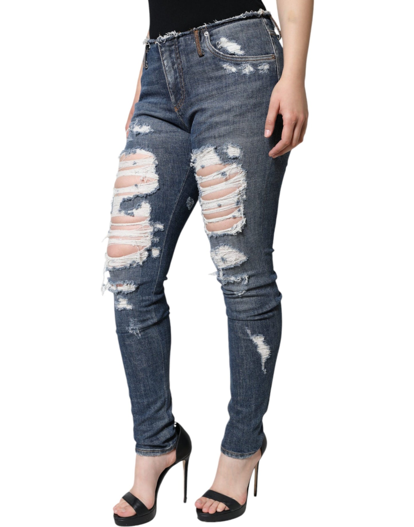 Dolce & Gabbana Blue Cotton Stretch Tattered Skinny Jeans by Dolce & Gabbana