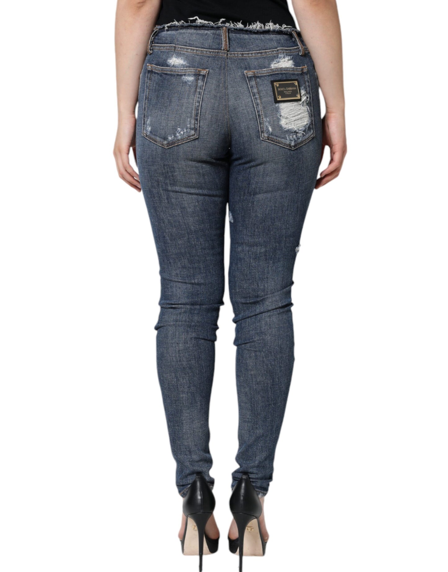 Dolce & Gabbana Blue Cotton Stretch Tattered Skinny Jeans by Dolce & Gabbana