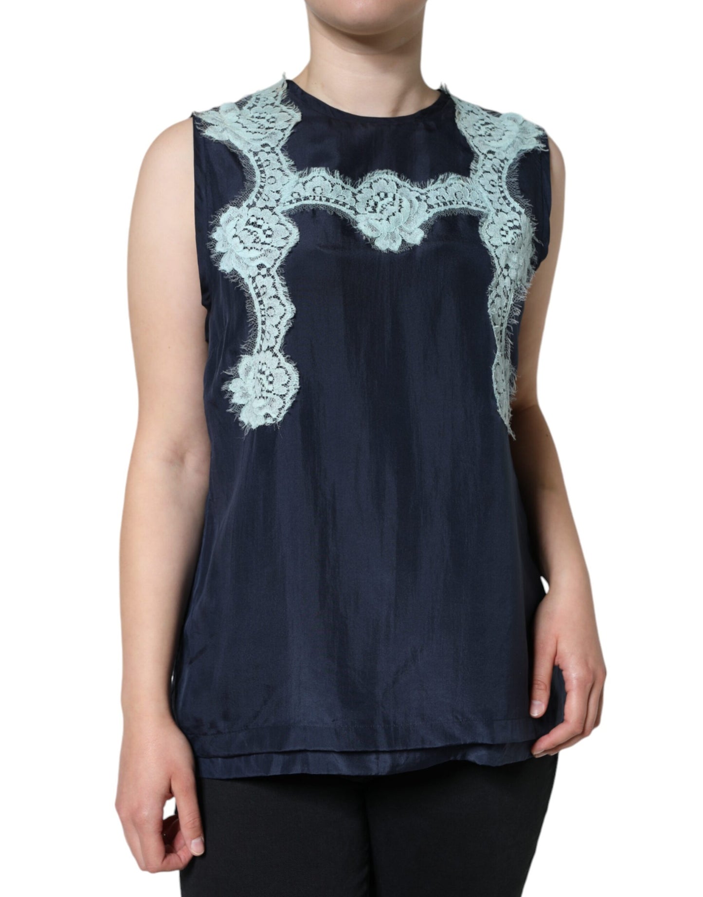 Dolce & Gabbana Blue Floral Lace Silk Sleeveless Tank Top by Dolce & Gabbana