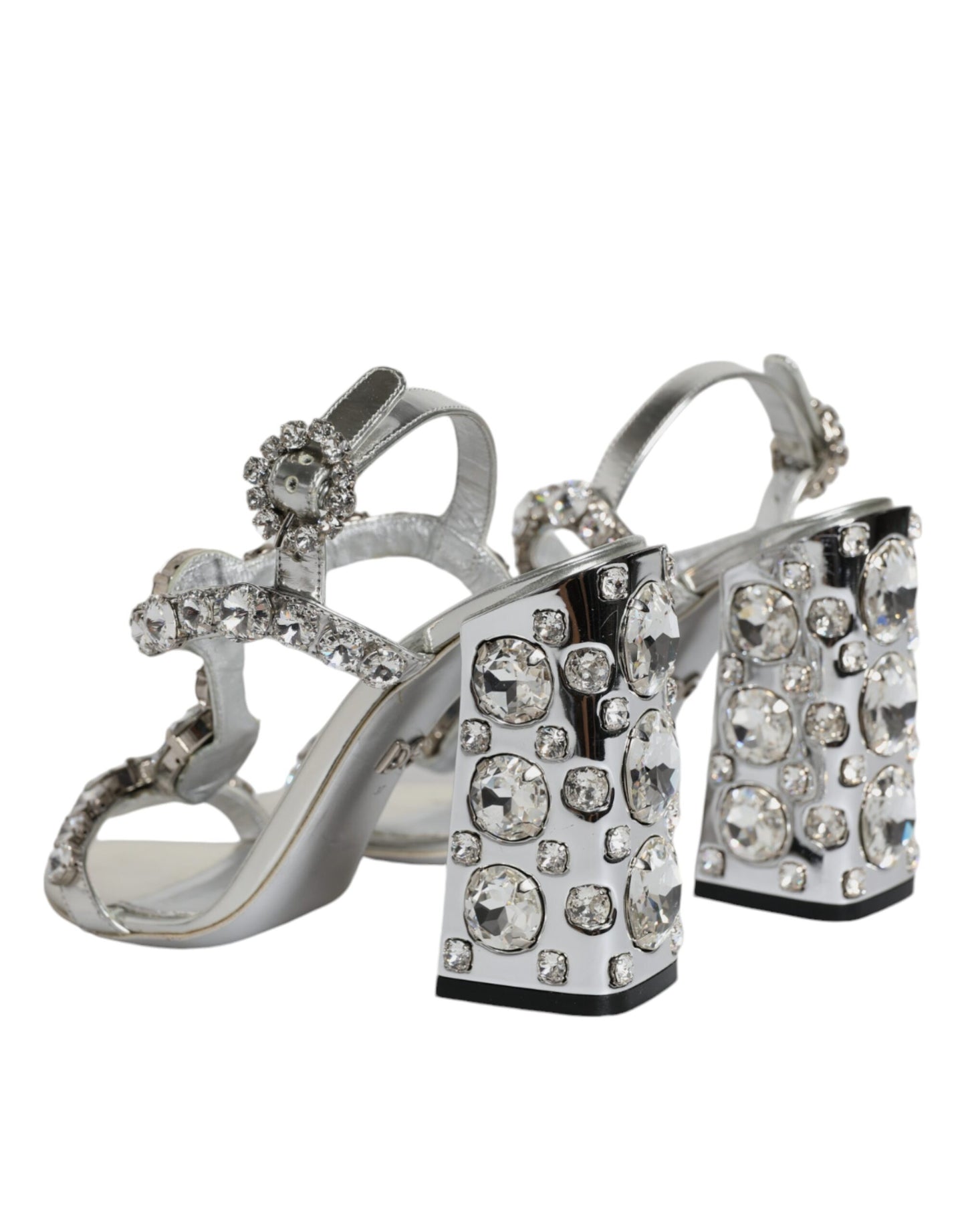 Dolce & Gabbana Silver Leather T-strap Crystal Sandals Shoes by Dolce & Gabbana