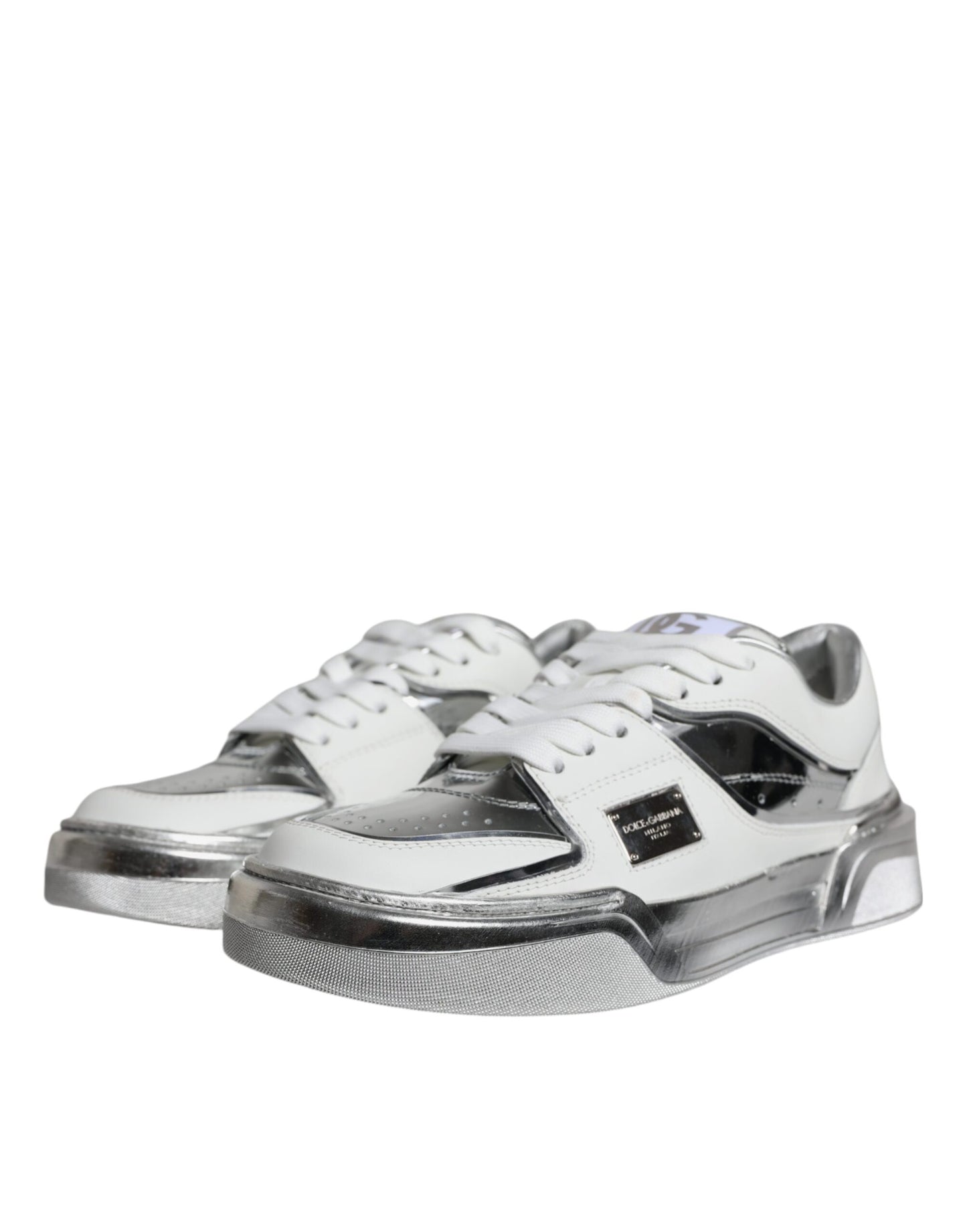 Dolce & Gabbana White Silver Leather Low Top Sneakers Shoes by Dolce & Gabbana