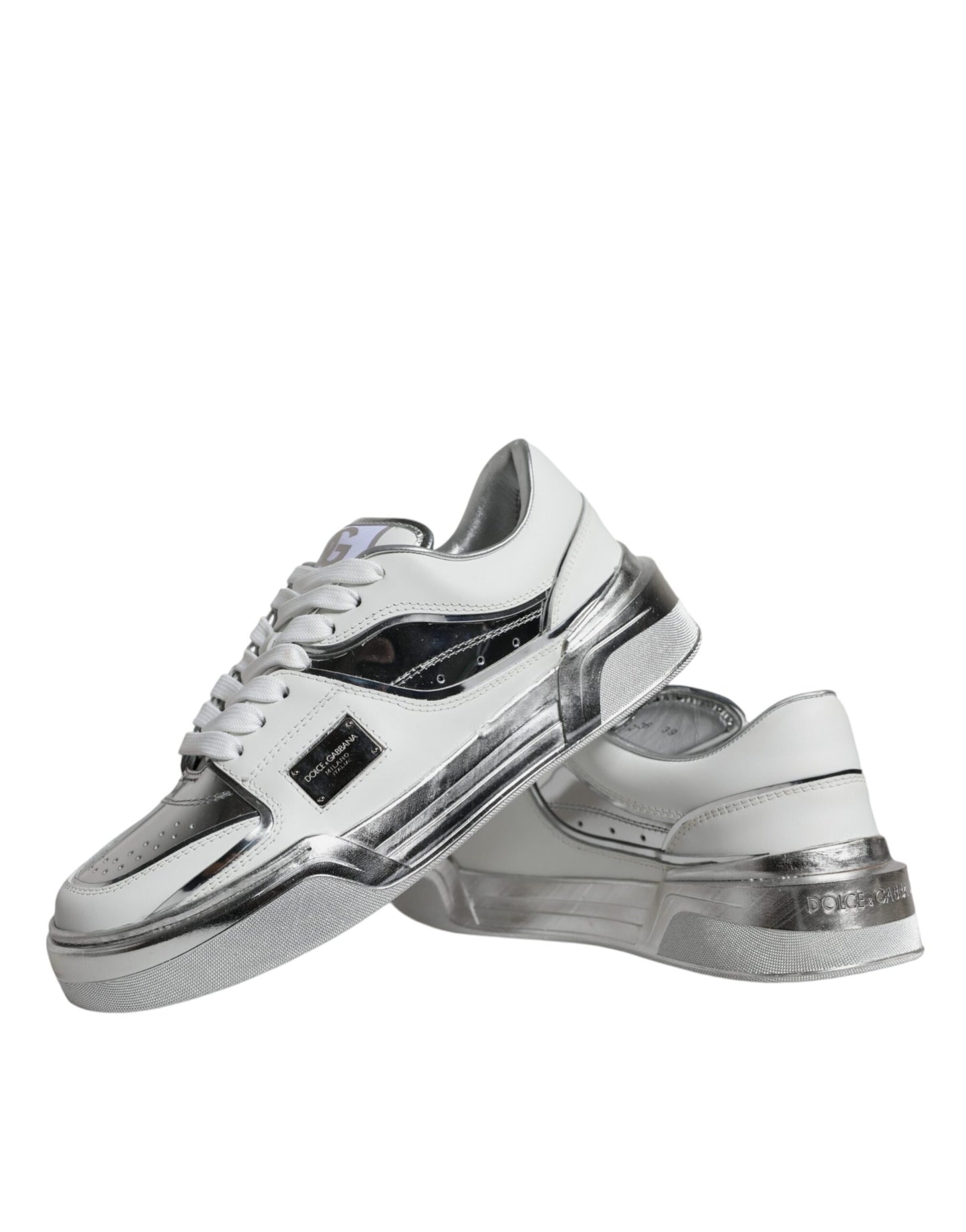 Dolce & Gabbana White Silver Leather Low Top Sneakers Shoes by Dolce & Gabbana