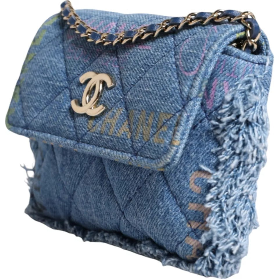 Sac à bandoulière Chanel Denim Mood Flap à micro logo imprimé à franges