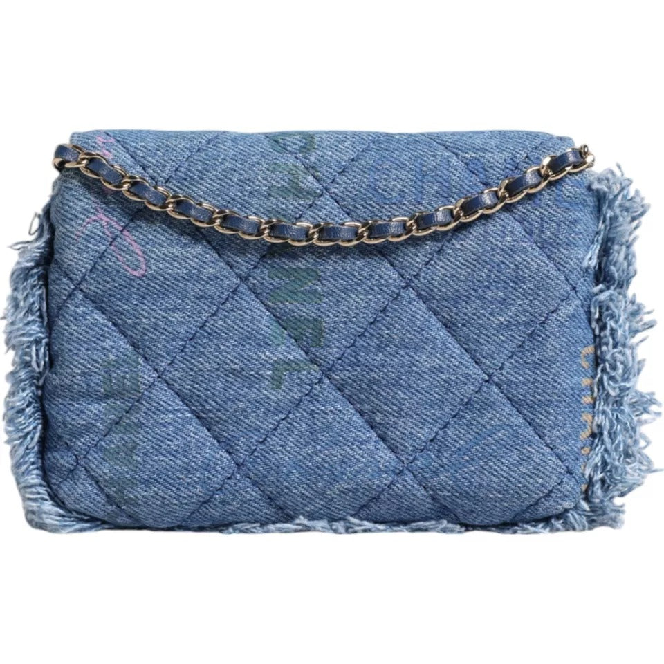Sac à bandoulière Chanel Denim Mood Flap à micro logo imprimé à franges