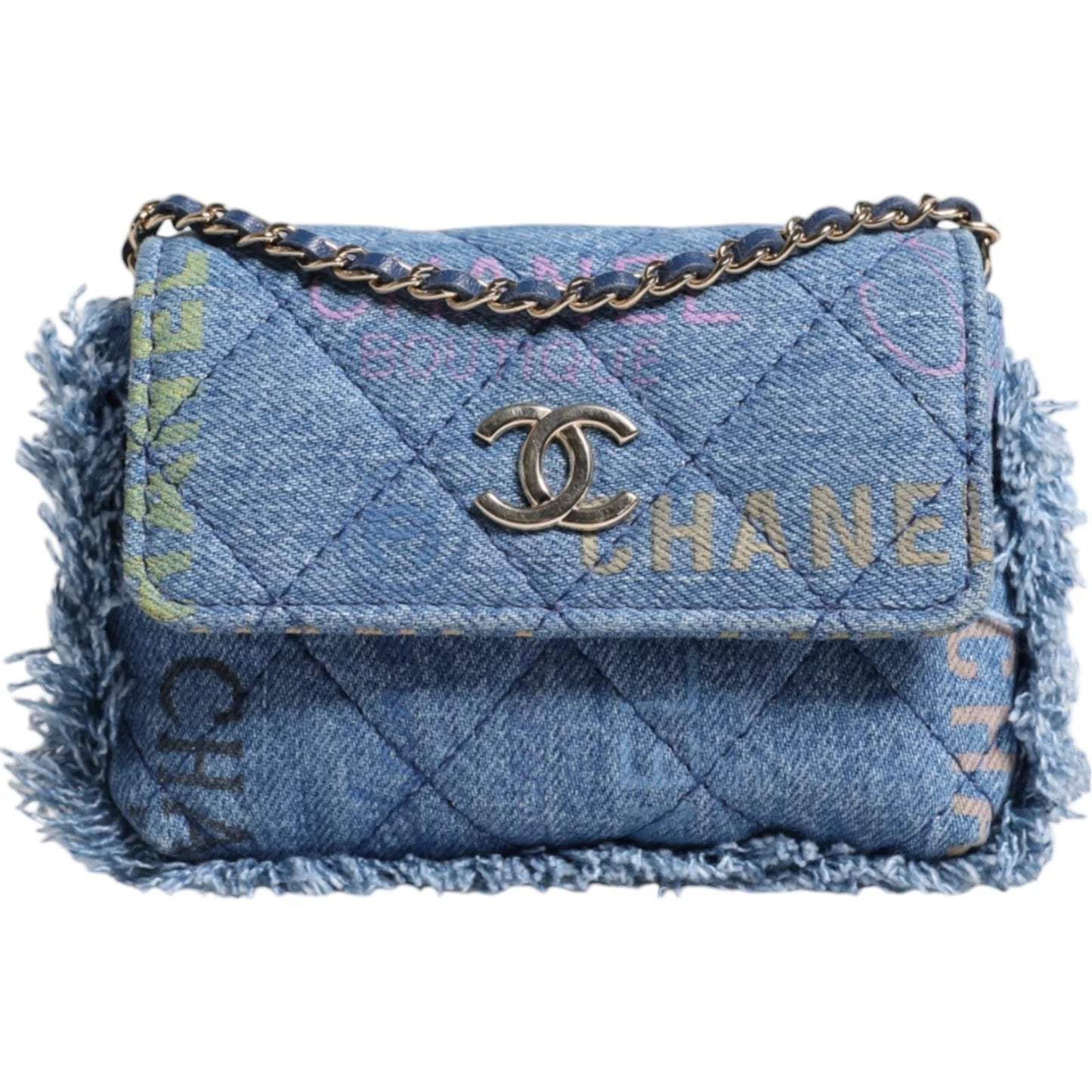 Sac à bandoulière Chanel Denim Mood Flap à micro logo imprimé à franges