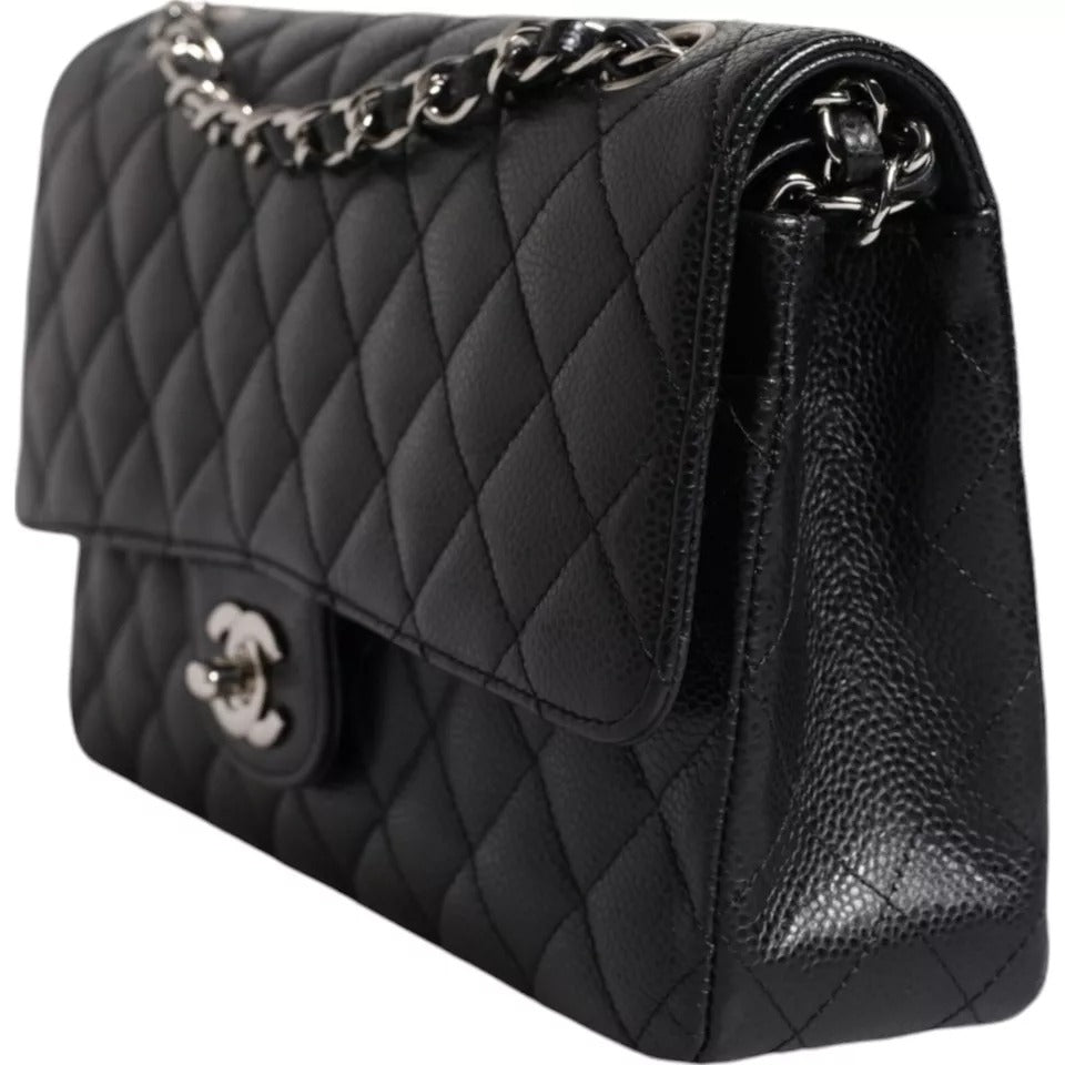 Sac à bandoulière matelassé à double rabat classique noir caviar de taille moyenne de Chanel