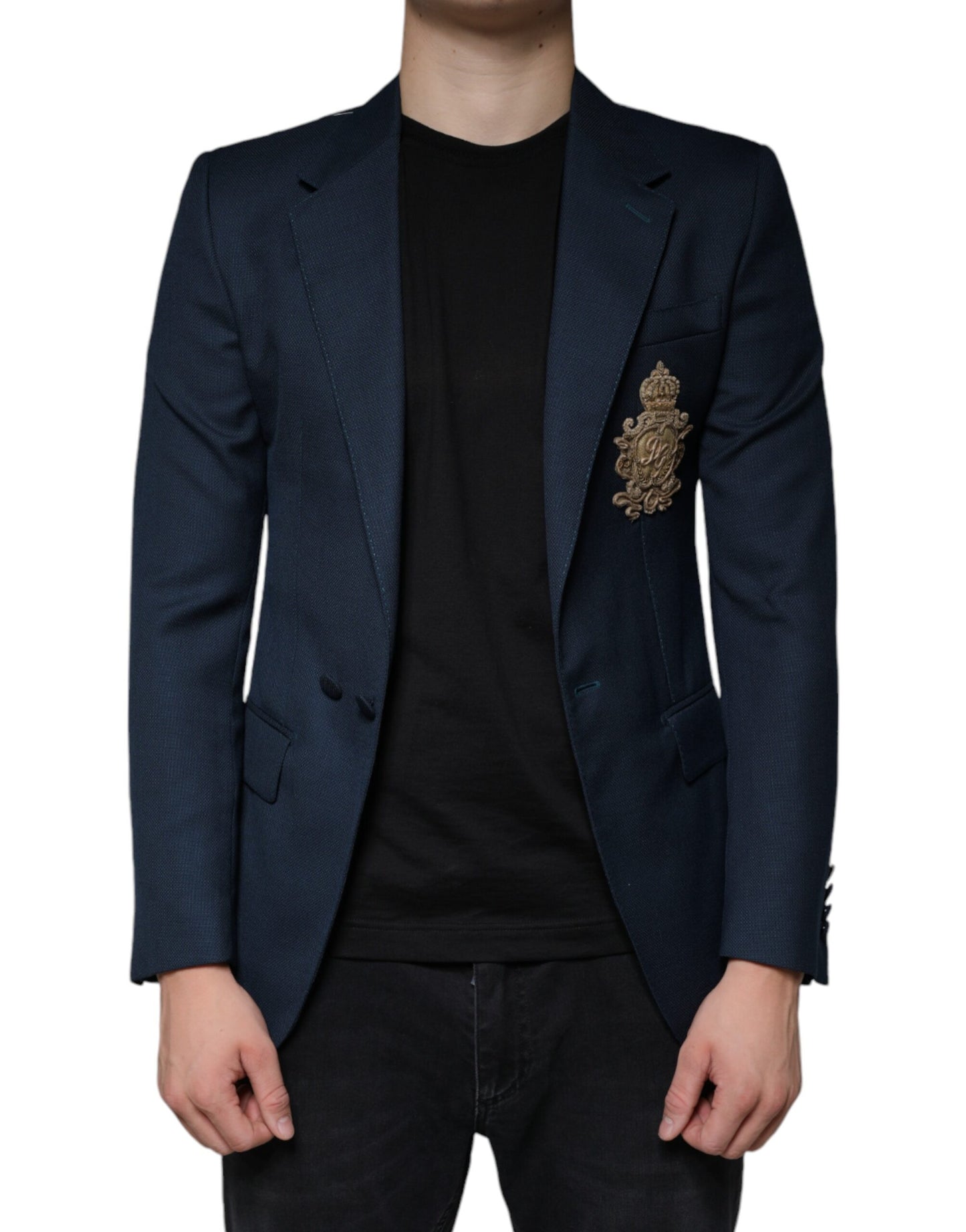 Blazer simple boutonnage en laine bleue avec logo Dolce & Gabbana